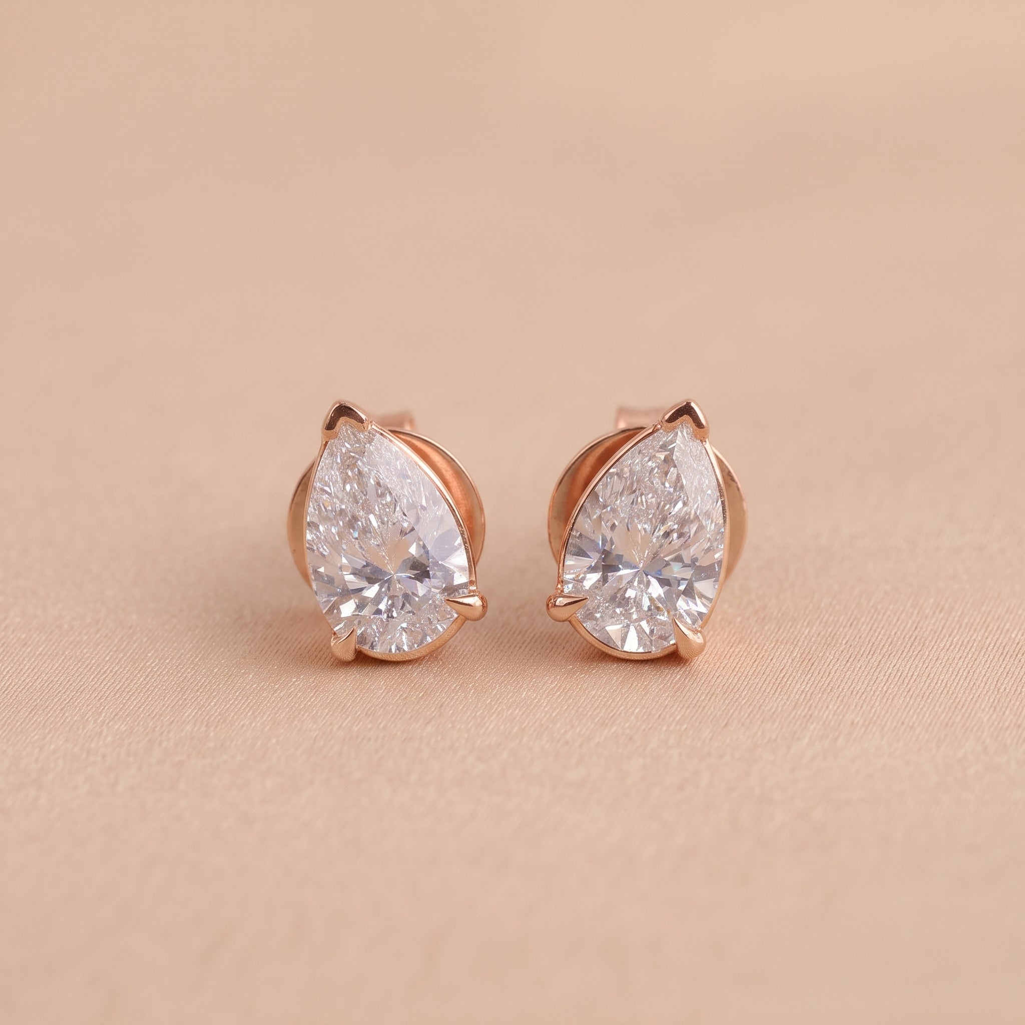 Pear Cut Three Prong  Solitaire Stud Earrings 14K Rose Gold 2.0 CTW