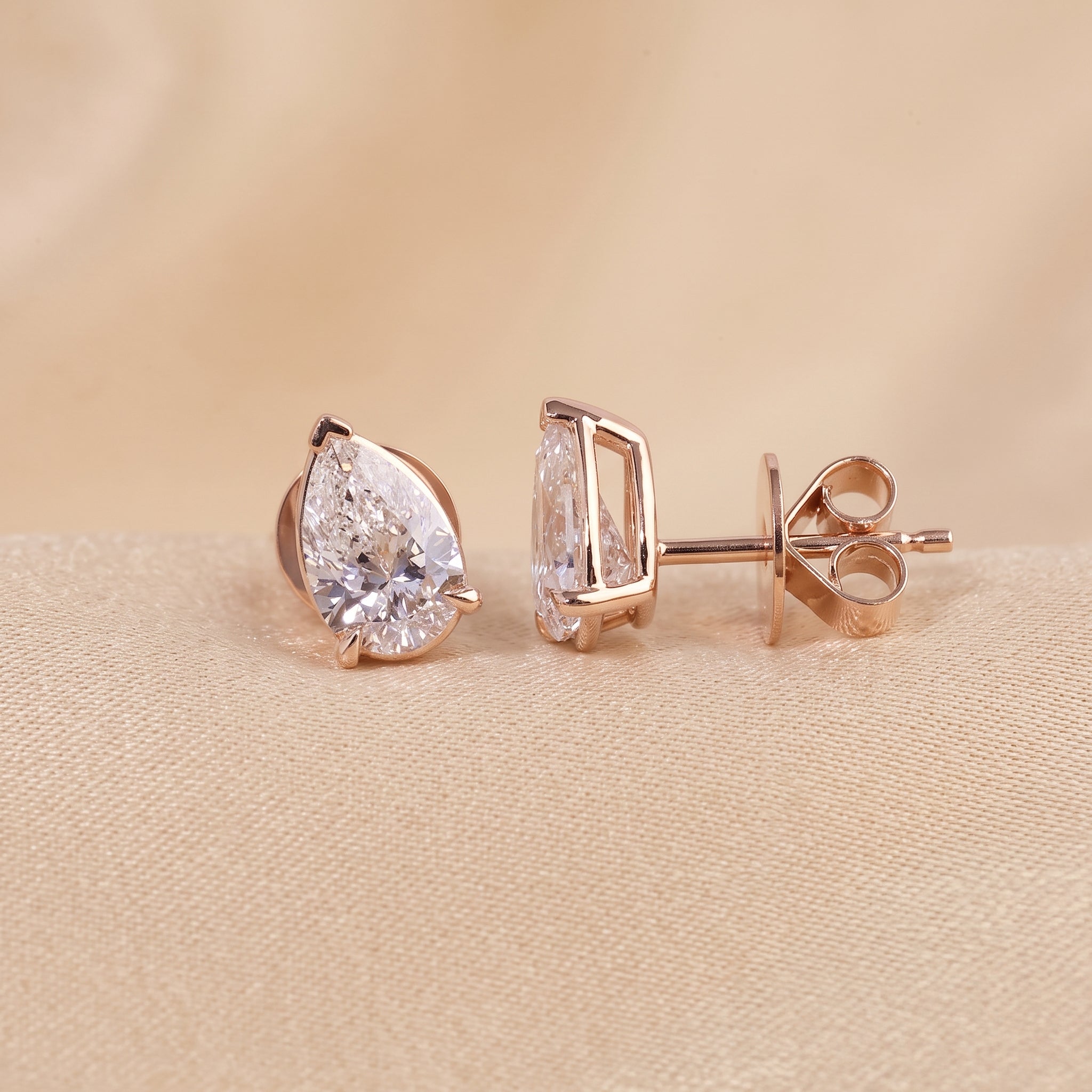 Pear Cut Three Prong  Solitaire Stud Earrings 18K Rose Gold 2.0 CTW