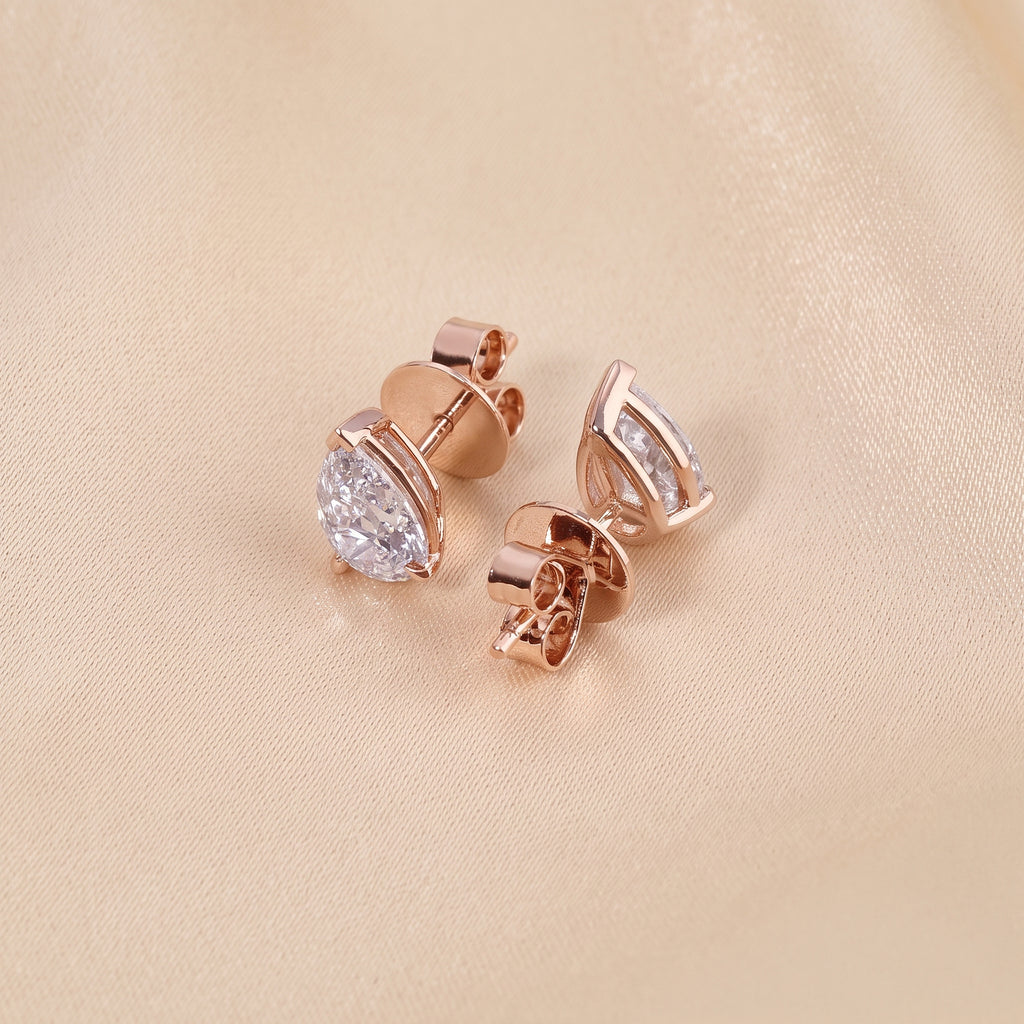 Pear Cut Three Prong  Solitaire Stud Earrings 18K Rose Gold 2.0 CTW
