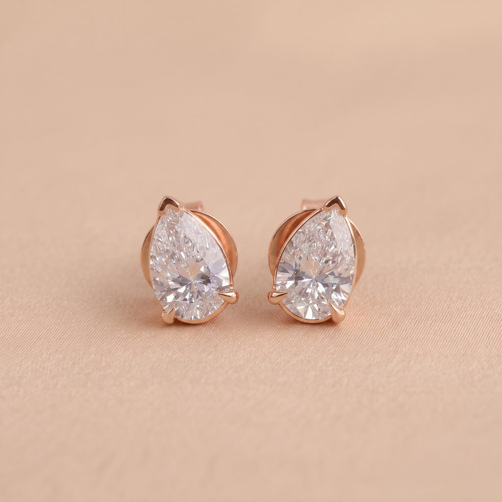 Pear Cut Three Prong  Solitaire Stud Earrings 18K Rose Gold 2.0 CTW