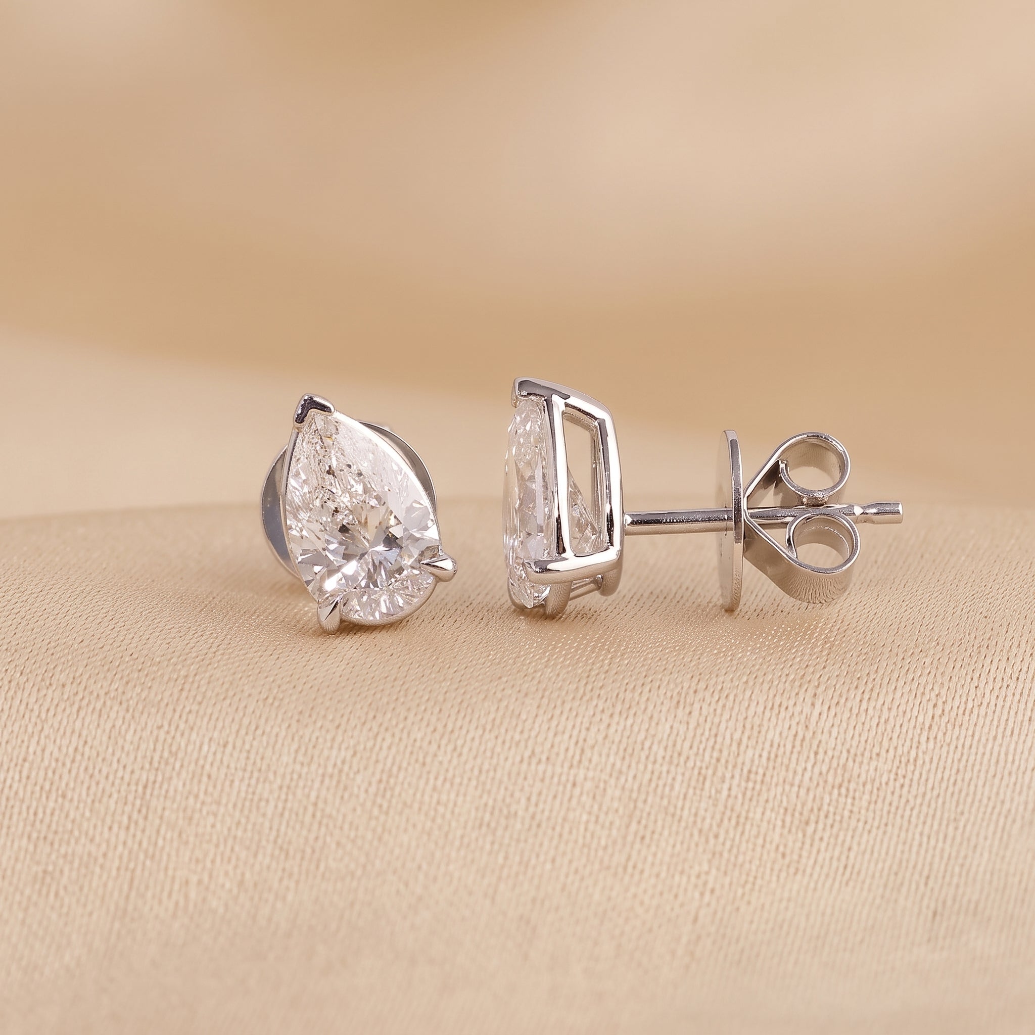 Pear Cut Three Prong  Solitaire Stud Earrings 18K White Gold 2.0 CTW