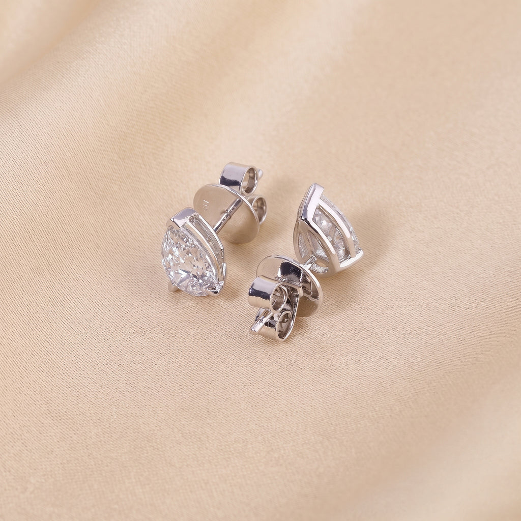 Pear Cut Three Prong  Solitaire Stud Earrings 18K White Gold 2.0 CTW