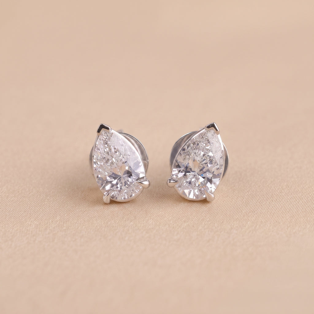 Pear Cut Three Prong  Solitaire Stud Earrings 18K White Gold 2.0 CTW
