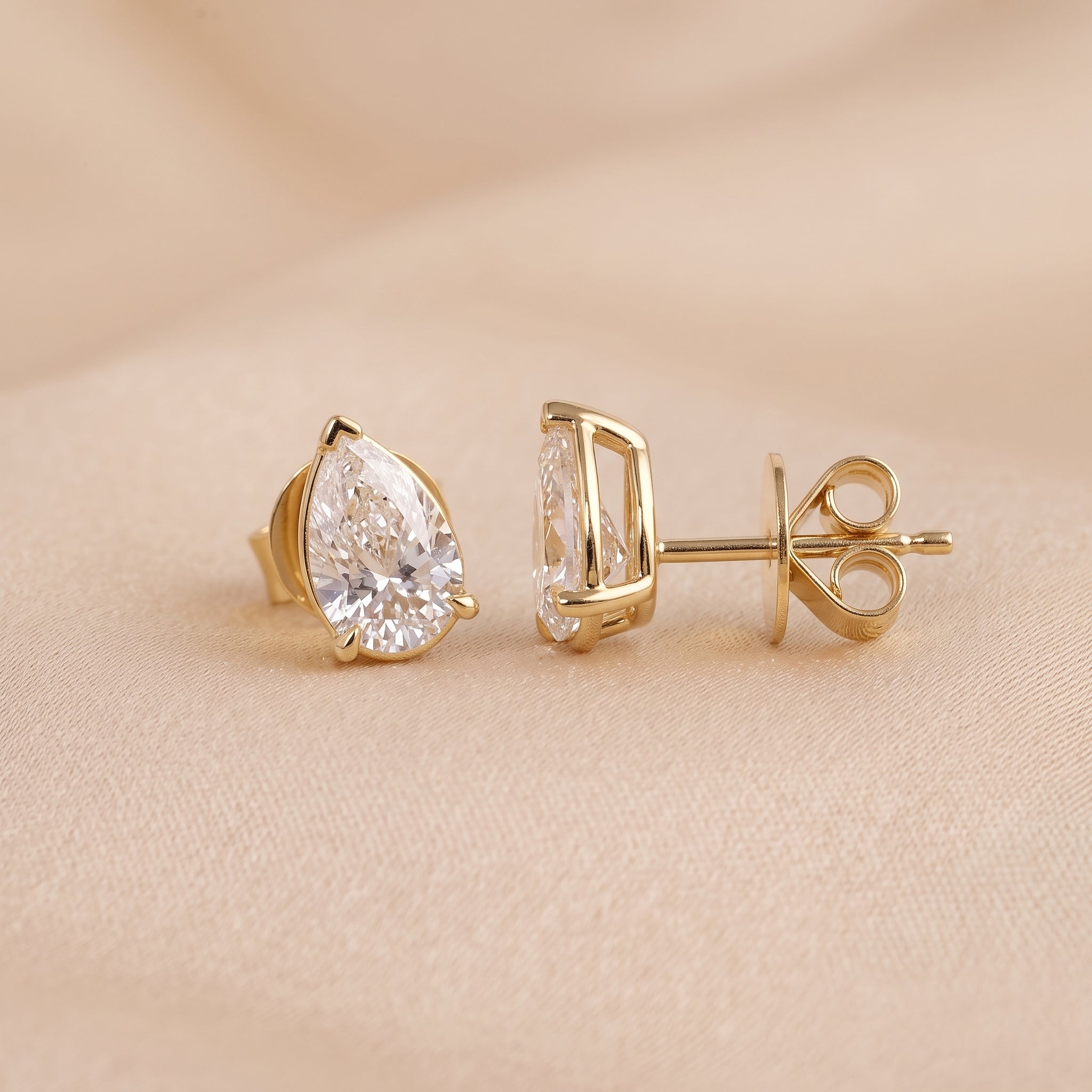 Pear Cut Three Prong  Solitaire Stud Earrings 18K Yellow Gold 2.0 CTW