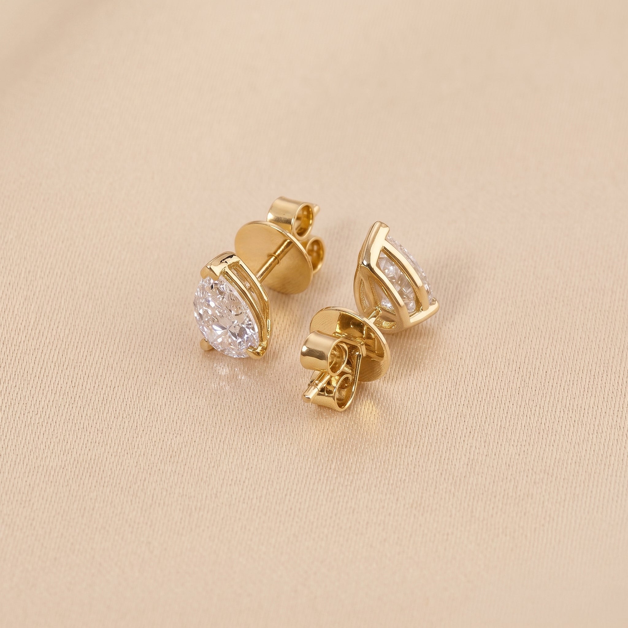Pear Cut Three Prong  Solitaire Stud Earrings 18K Yellow Gold 2.0 CTW