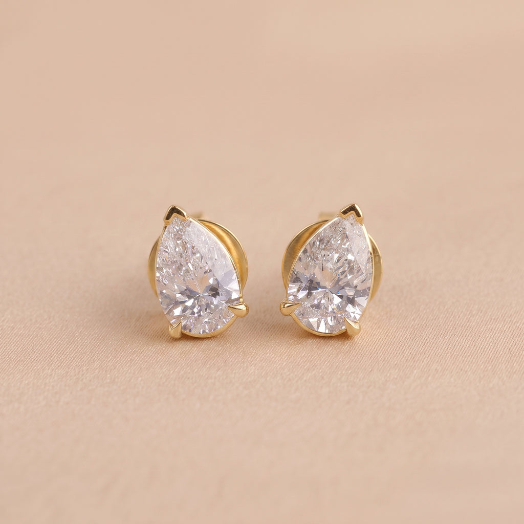 Pear Cut Three Prong  Solitaire Stud Earrings 18K Yellow Gold 2.0 CTW