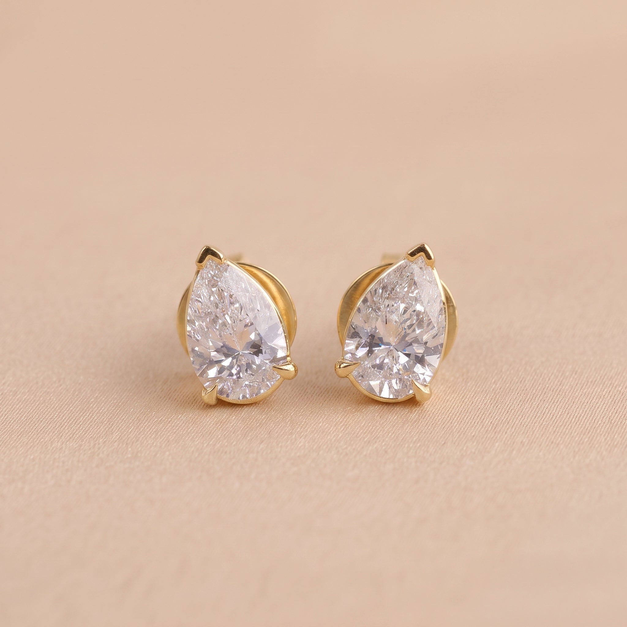 Pear Cut Three Prong  Solitaire Stud Earrings 18K Yellow Gold 2.0 CTW