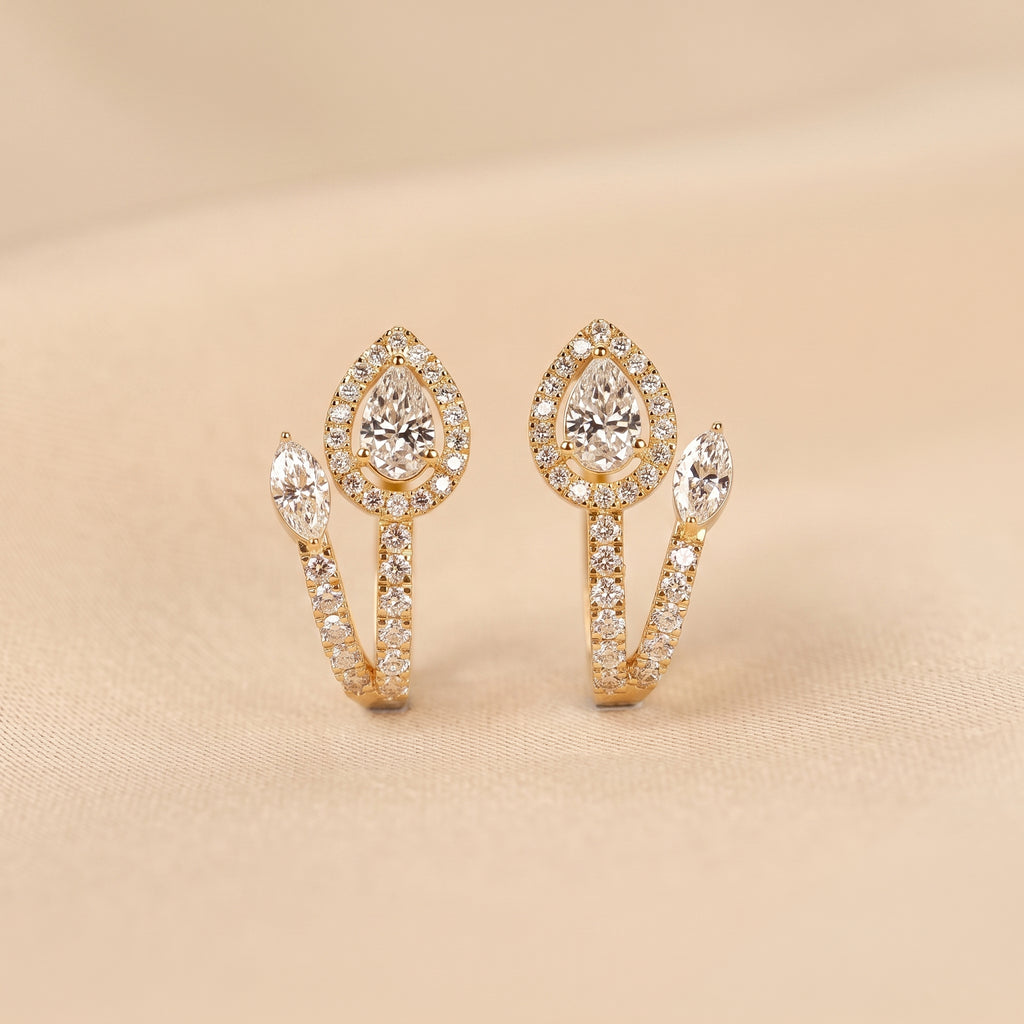 Pear & Marquise Lab Grown Diamond Halo Hoop Earrings in 10K Yellow Gold 1.70 CTW
