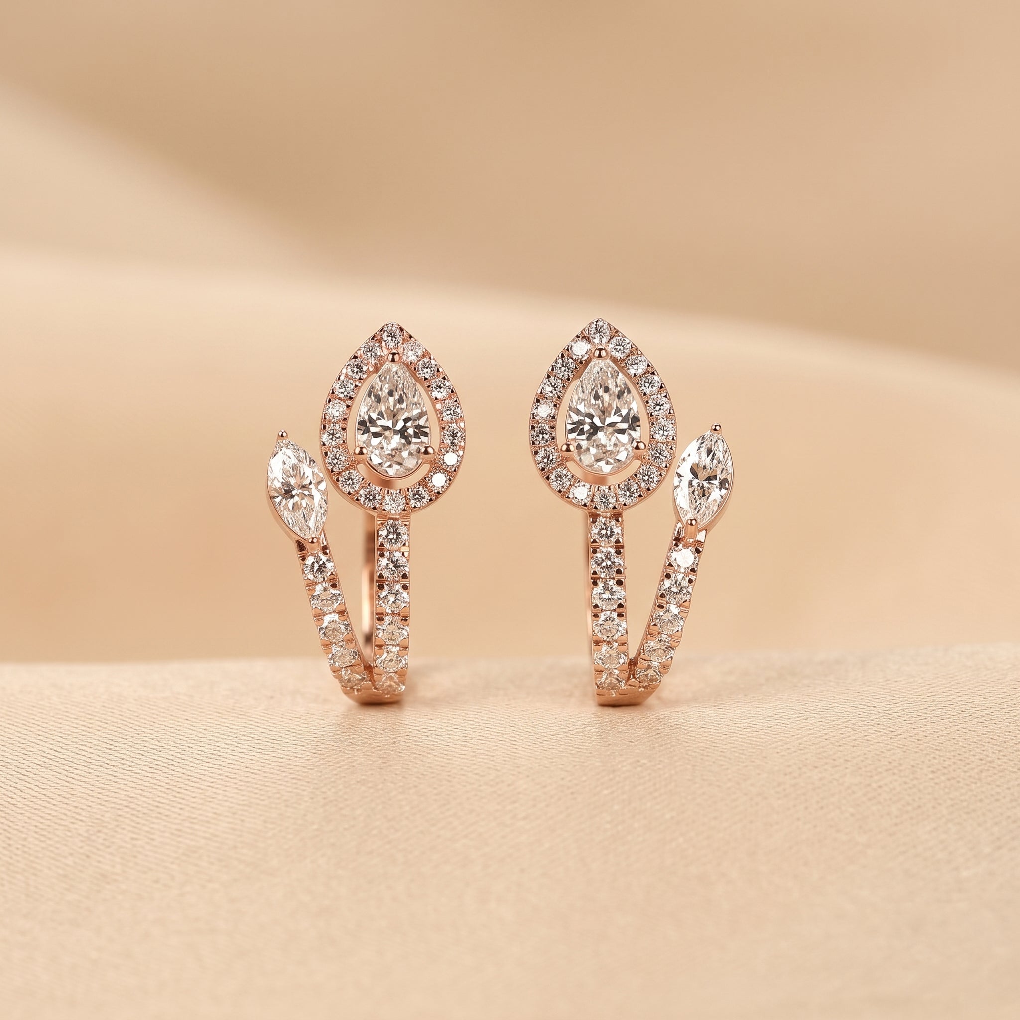 Pear & Marquise Lab Grown Diamond Halo Hoop Earrings in 14K Rose Gold 1.70 CTW