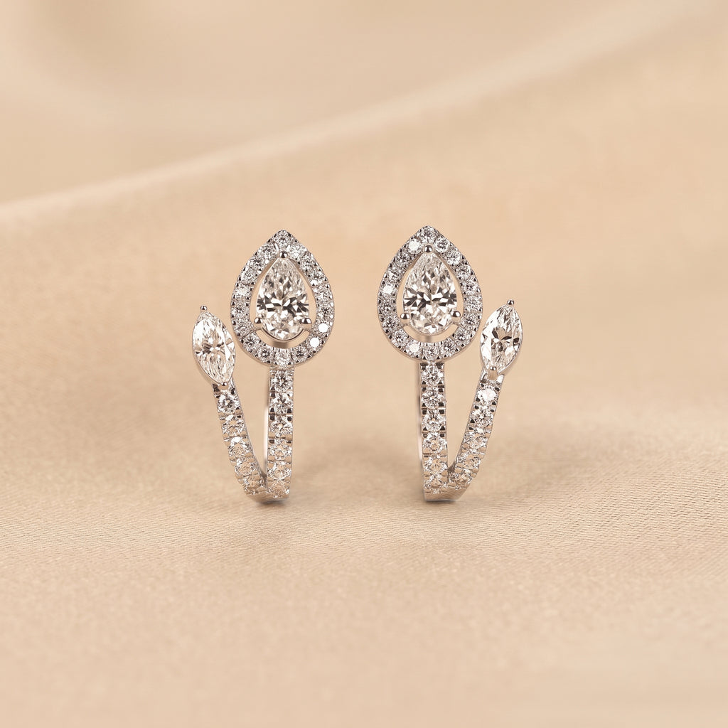 Pear & Marquise Lab Grown Diamond Halo Hoop Earrings in 18K White Gold 1.70 CTW
