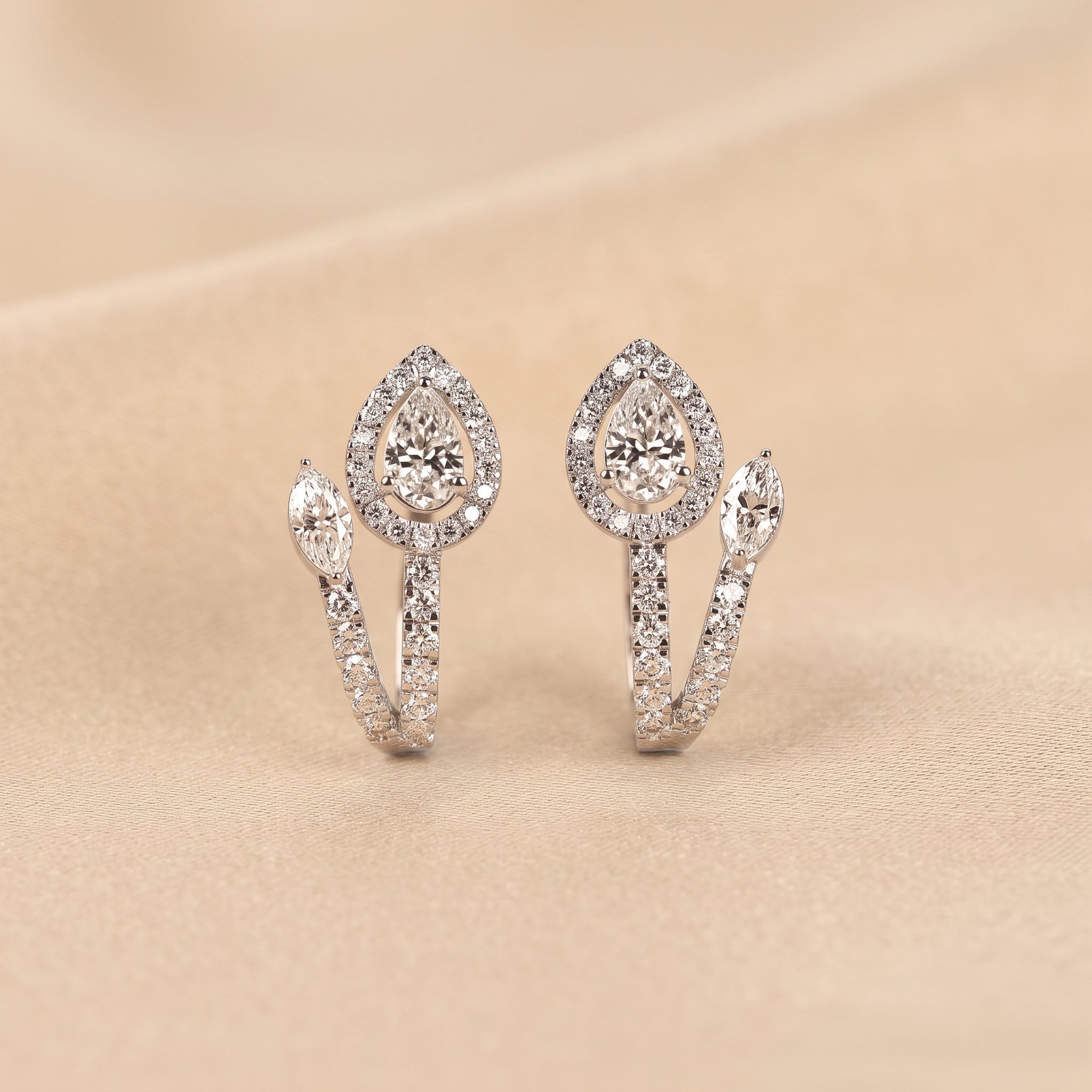 Pear & Marquise Lab Grown Diamond Halo Hoop Earrings in 18K White Gold 1.70 CTW