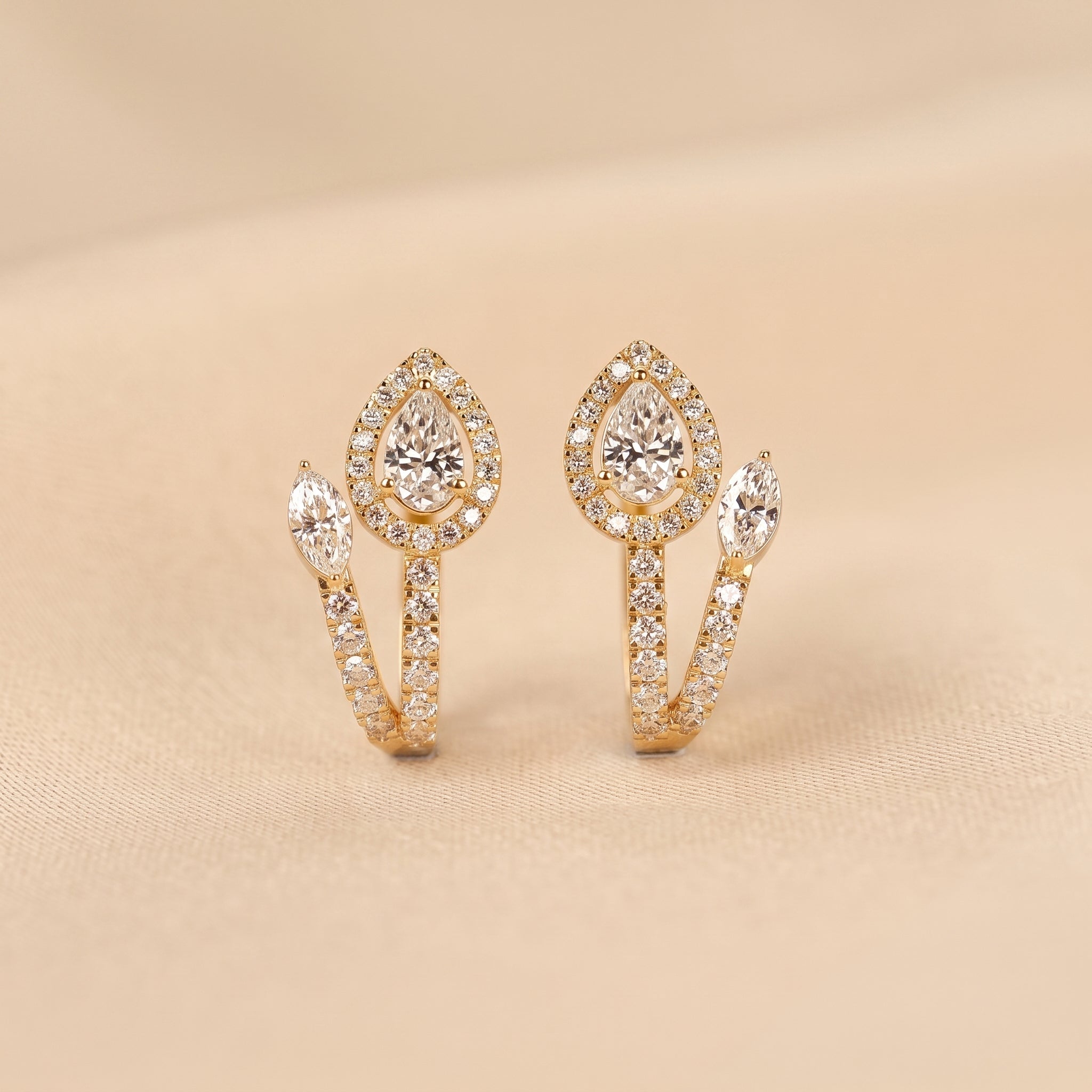 Pear & Marquise Lab Grown Diamond Halo Hoop Earrings in 18K Yellow Gold 1.70 CTW