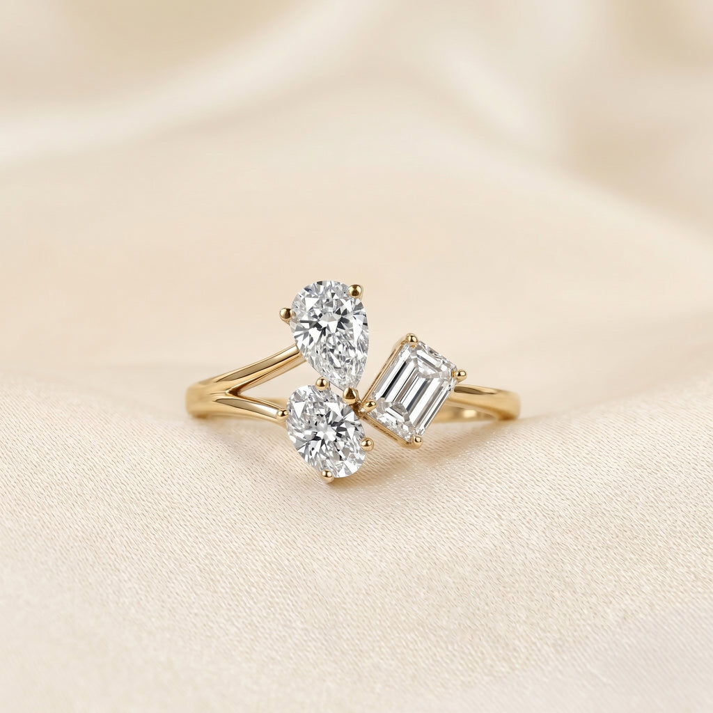 Pear, Oval & Emerald Lab Grown Diamond Asymmetrical Ring in 10K Yellow Gold 1.50 CTW