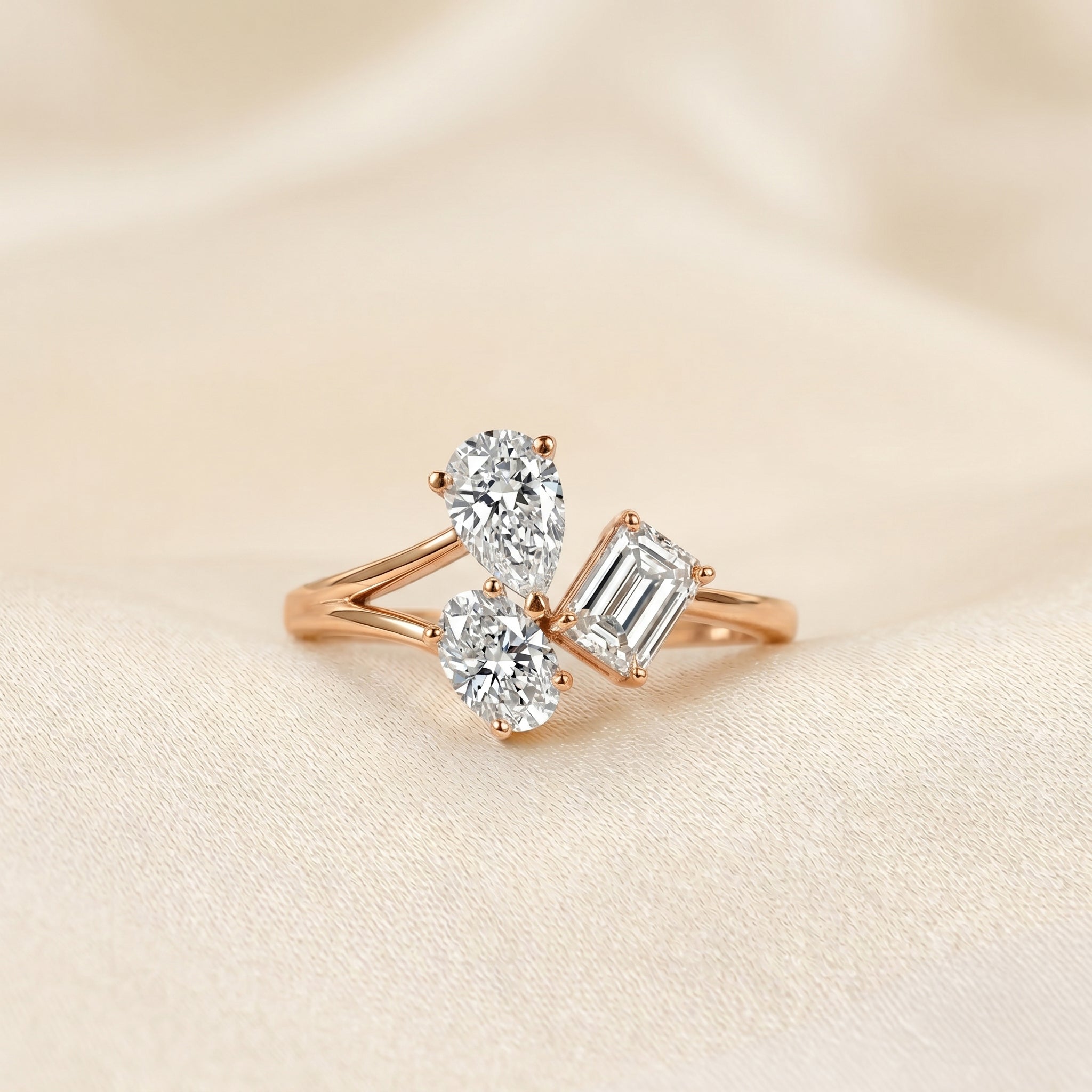 Pear, Oval & Emerald Lab Grown Diamond Asymmetrical Ring in 18K Rose Gold 1.50 CTW