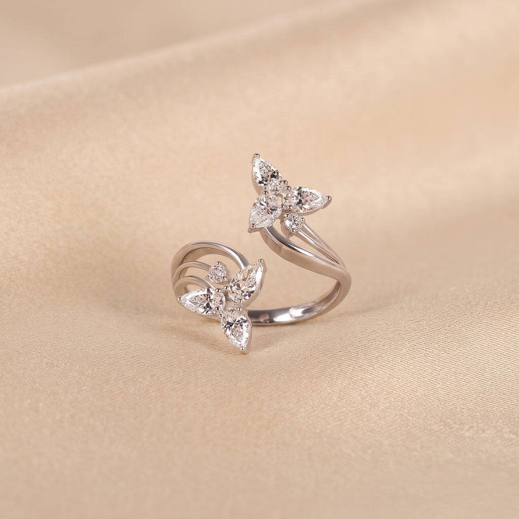 Pear & Round Lab Grown Diamond Butterfly Ring in 14K White Gold 1 CTW