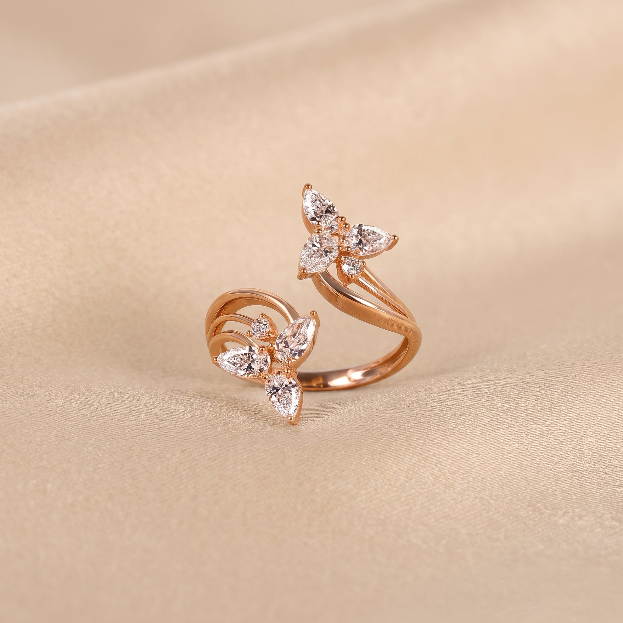 Pear & Round Lab Grown Diamond Butterfly Ring in 18K Rose Gold 1 CTW