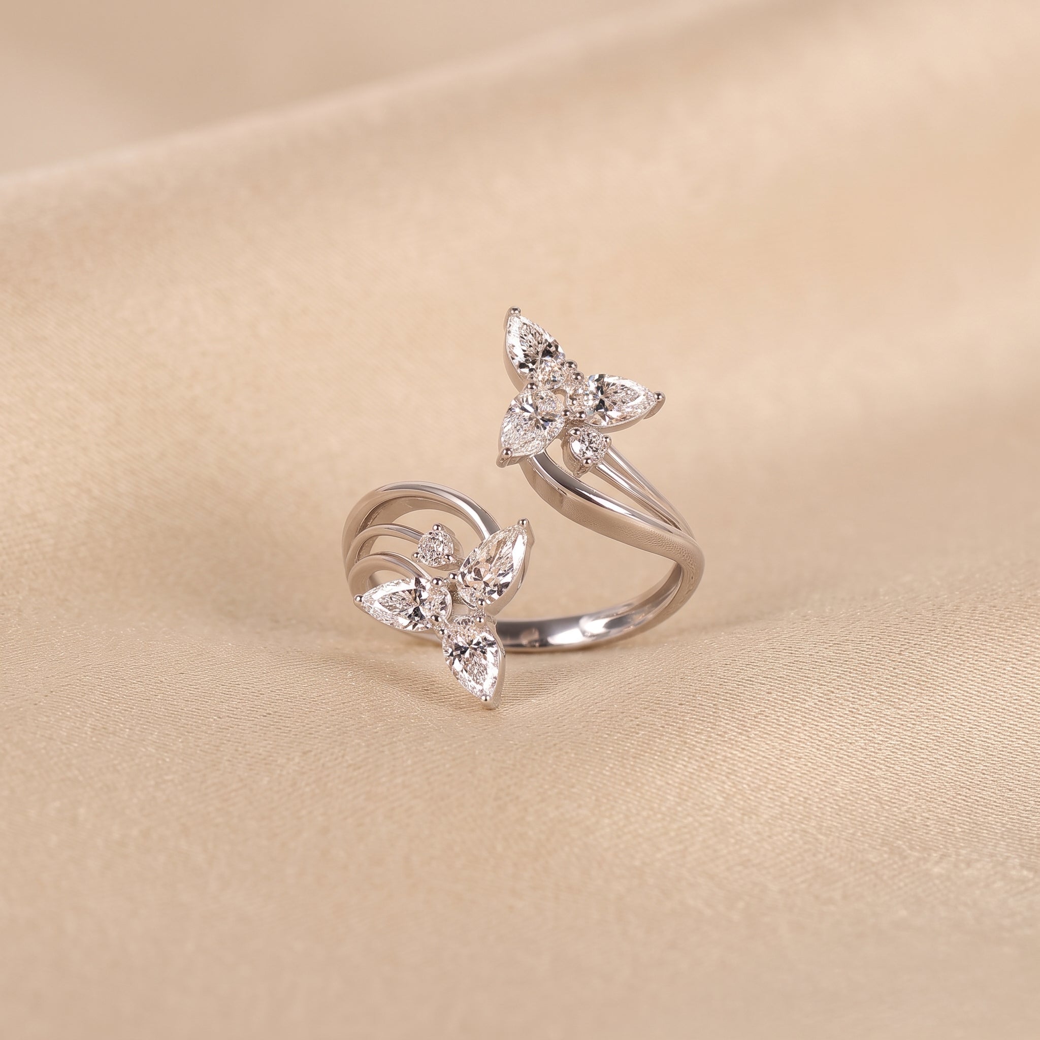 Pear & Round Lab Grown Diamond Butterfly Ring in 18K White Gold 1 CTW