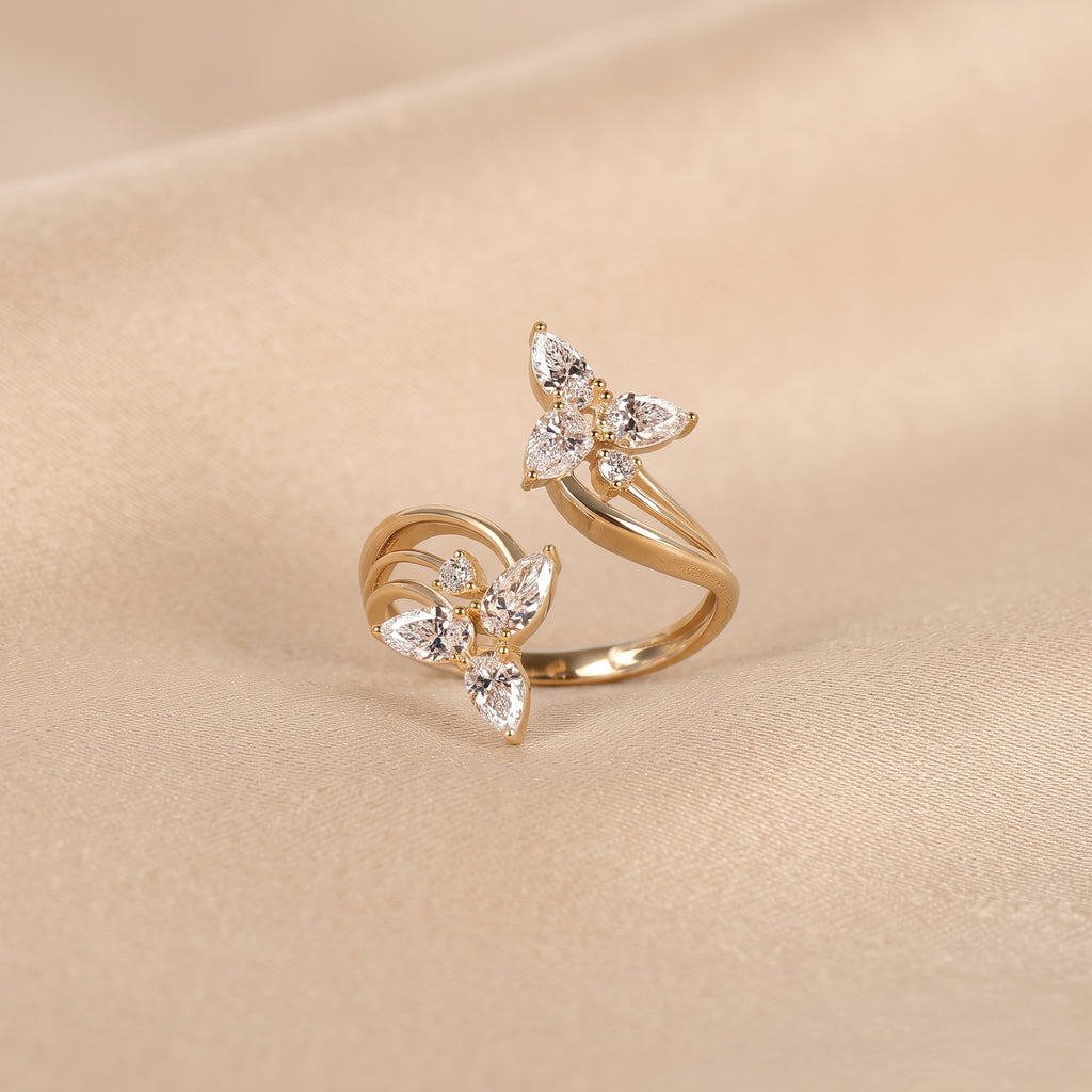 Pear & Round Lab Grown Diamond Butterfly Ring in 18K Yellow Gold 1 CTW