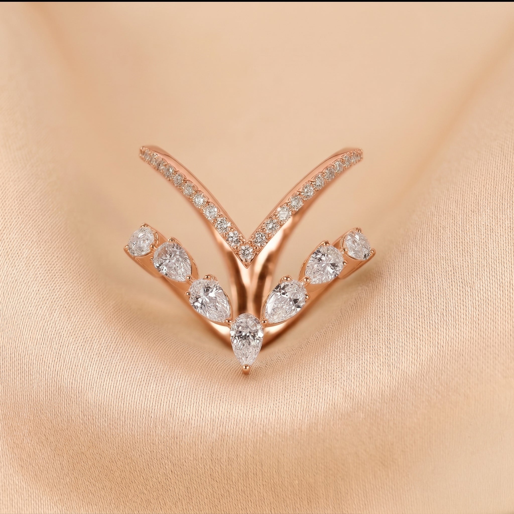 Pear & Round Lab Grown Diamond Chevron Ring in 14K Rose Gold 1.30 CTW
