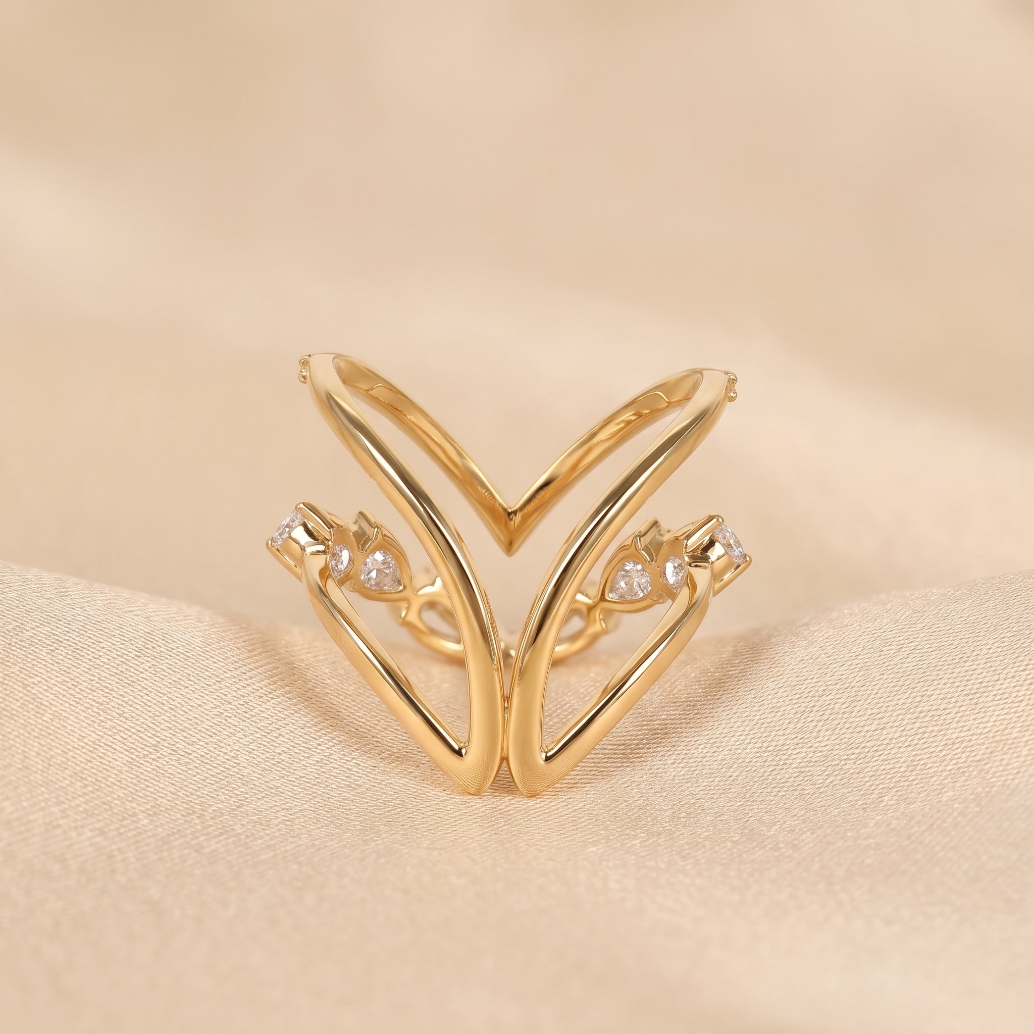 Pear & Round Lab Grown Diamond Chevron Ring in 14K Yellow Gold 1.30 CTW