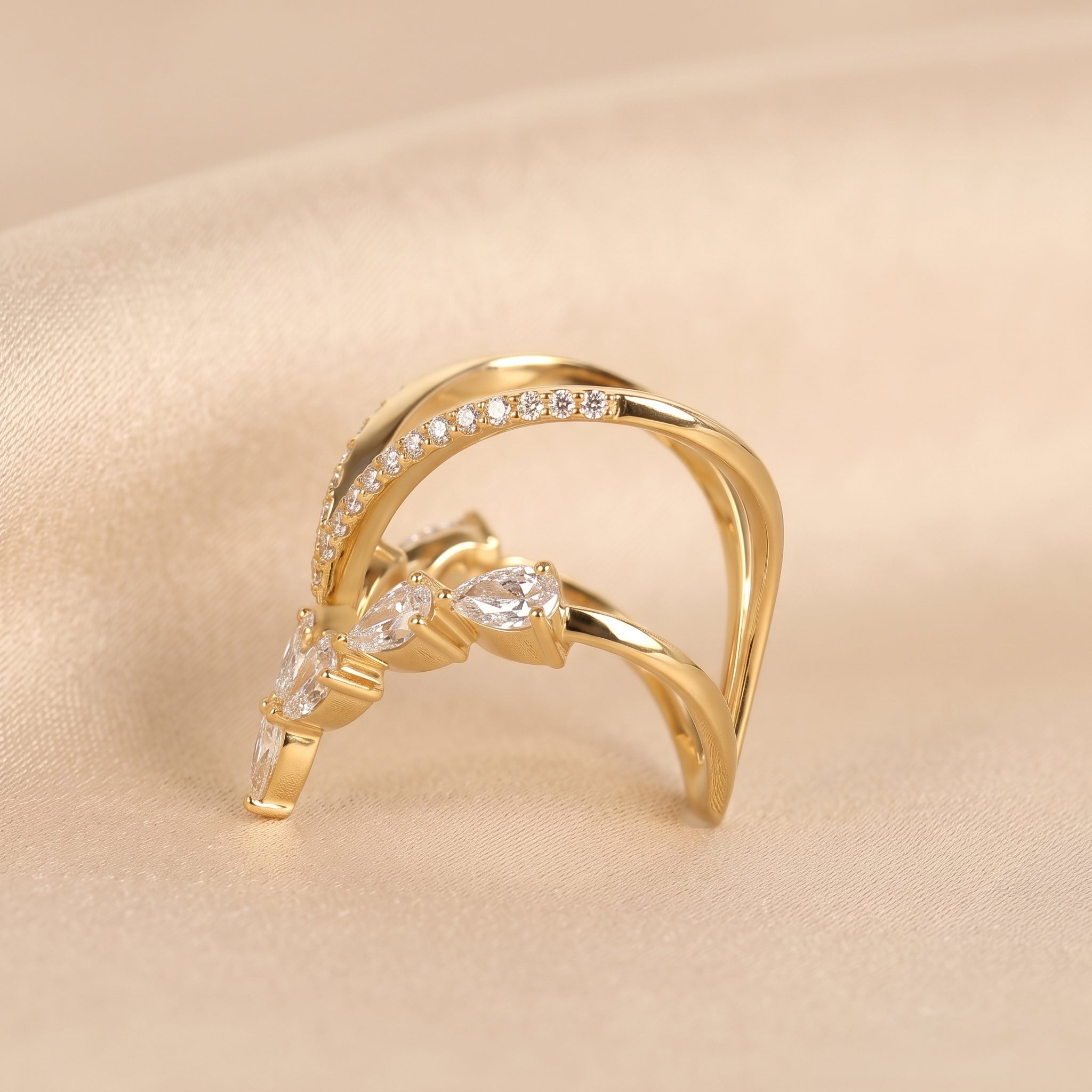 Pear & Round Lab Grown Diamond Chevron Ring in 14K Yellow Gold 1.30 CTW