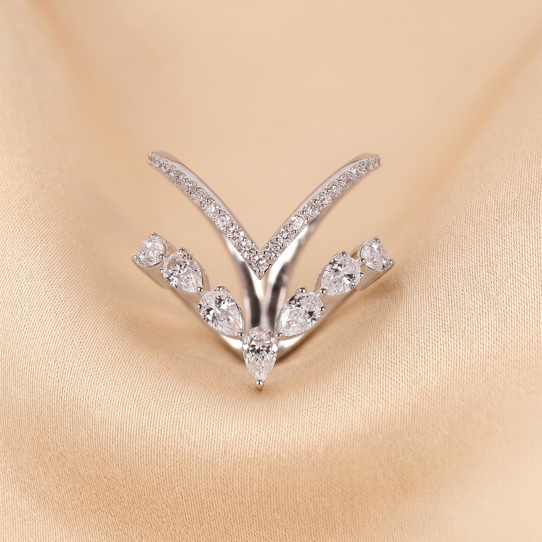 Pear & Round Lab Grown Diamond Chevron Ring in 18K White Gold 1.30 CTW