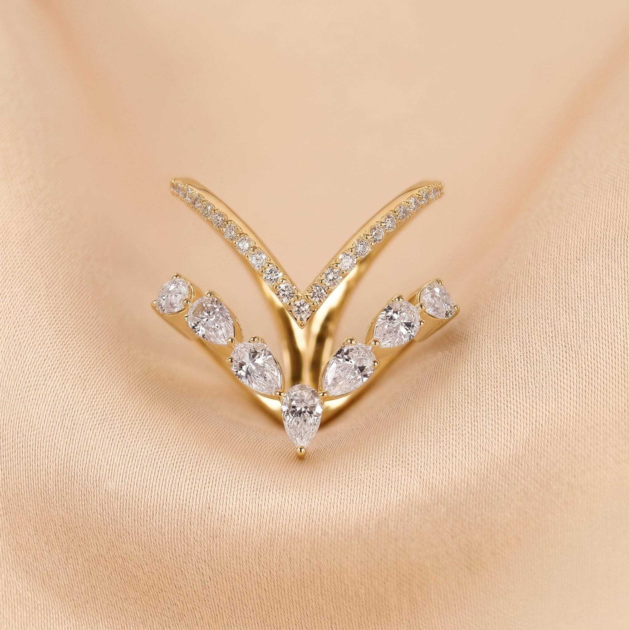 Pear & Round Lab Grown Diamond Chevron Ring in 18K Yellow Gold 1.30 CTW
