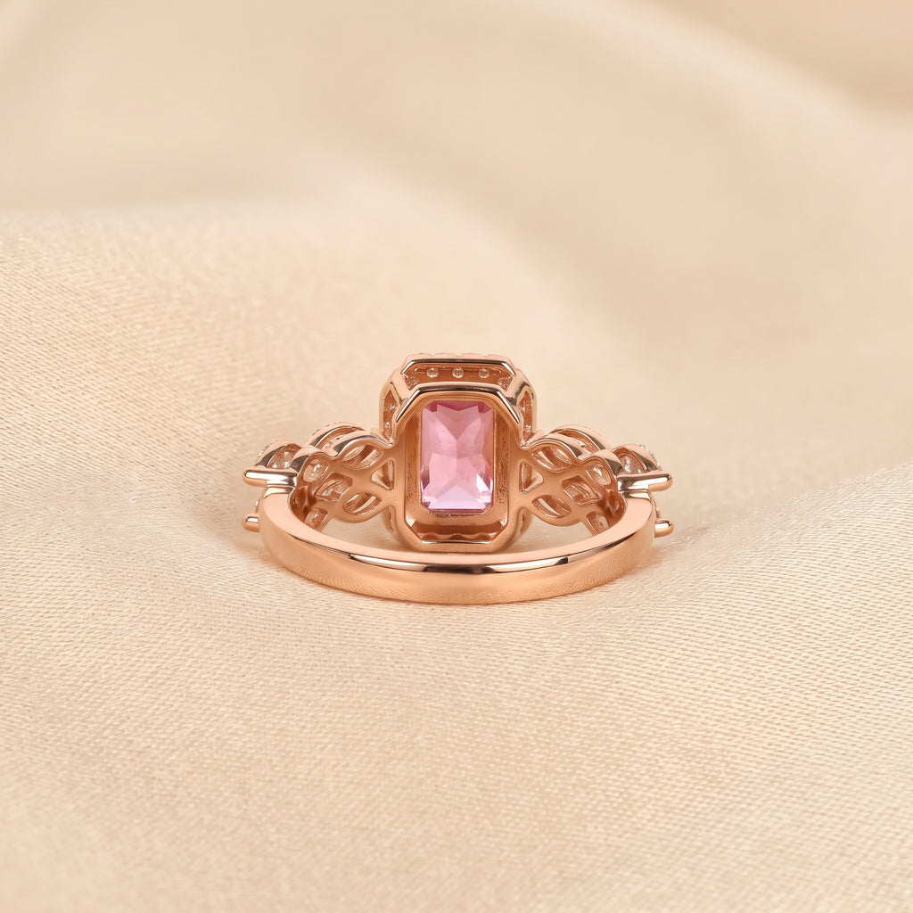 Pink Gemstone Emerald & Lab Grown Diamond Halo Engagement Ring in 10K Rose Gold 3 CTW