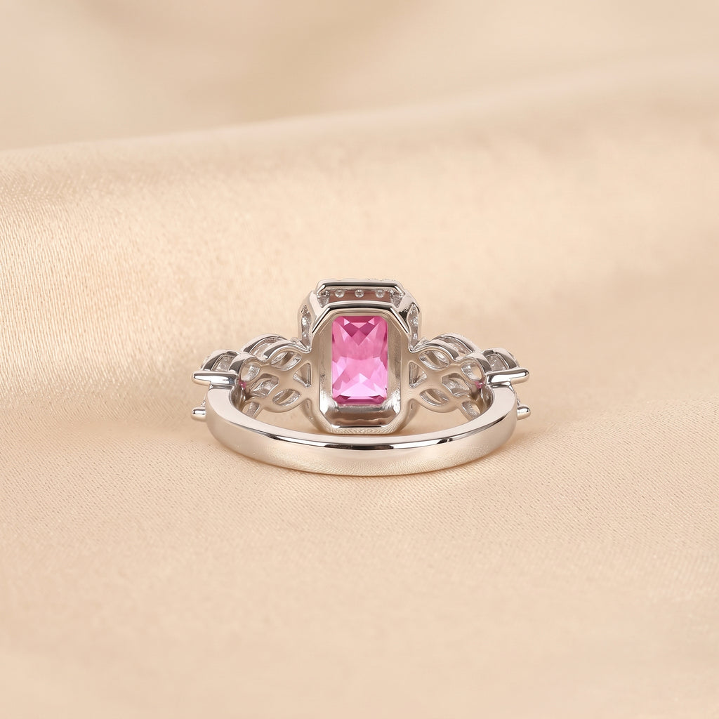 Pink Gemstone Emerald & Lab Grown Diamond Halo Engagement Ring in 10K White Gold 3 CTW