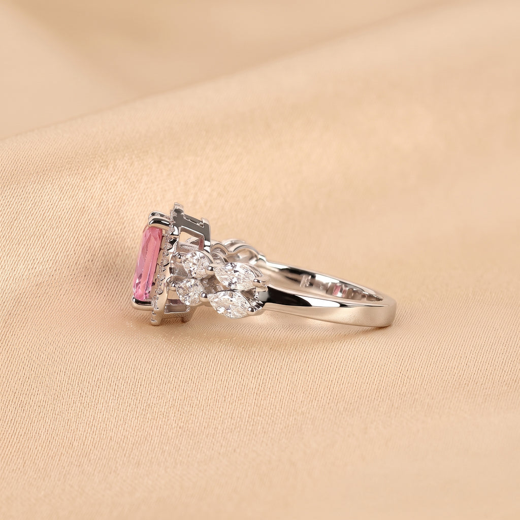 Pink Gemstone Emerald & Lab Grown Diamond Halo Engagement Ring in 10K White Gold 3 CTW