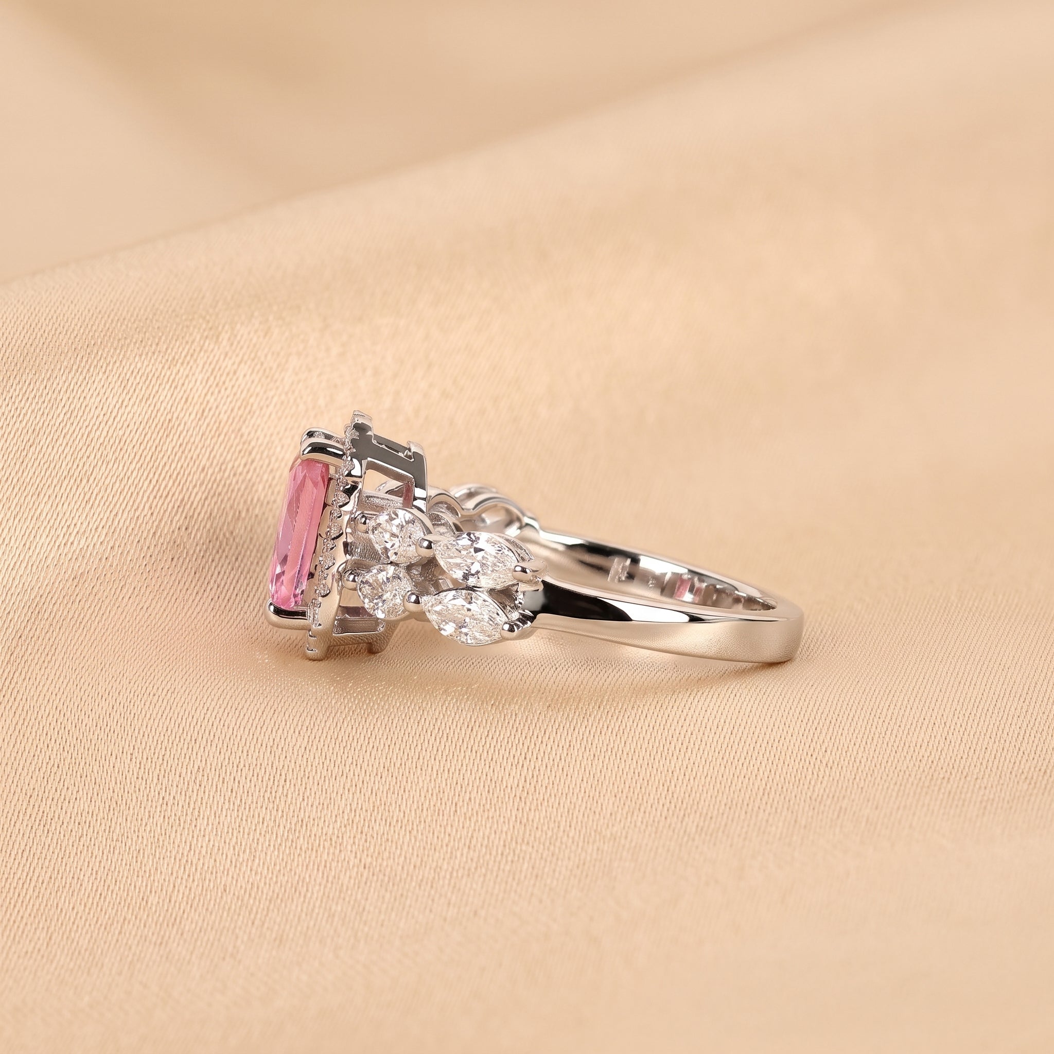 Pink Gemstone Emerald & Lab Grown Diamond Halo Engagement Ring in 10K White Gold 3 CTW