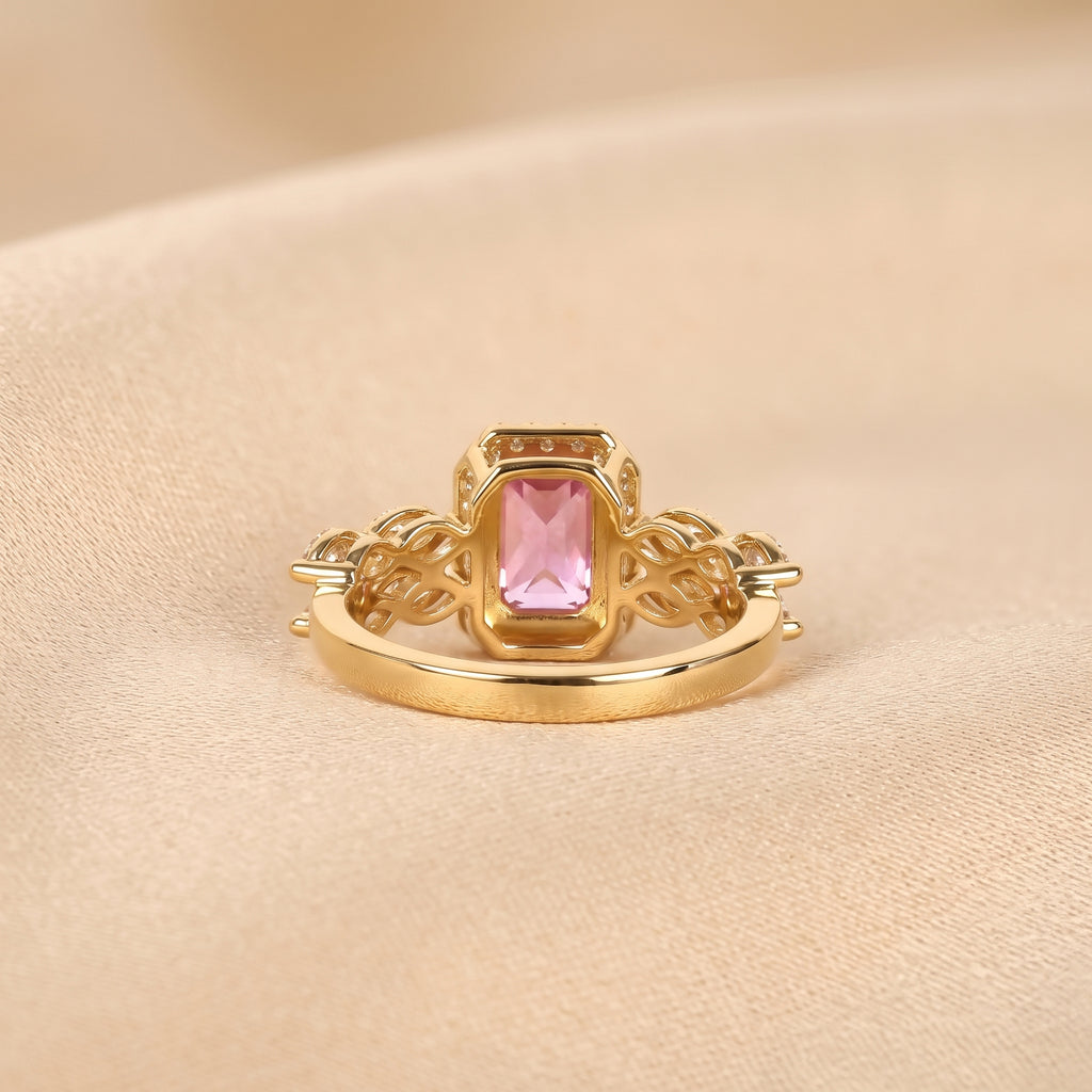 Pink Gemstone Emerald & Lab Grown Diamond Halo Engagement Ring in 10K Yellow Gold 3 CTW