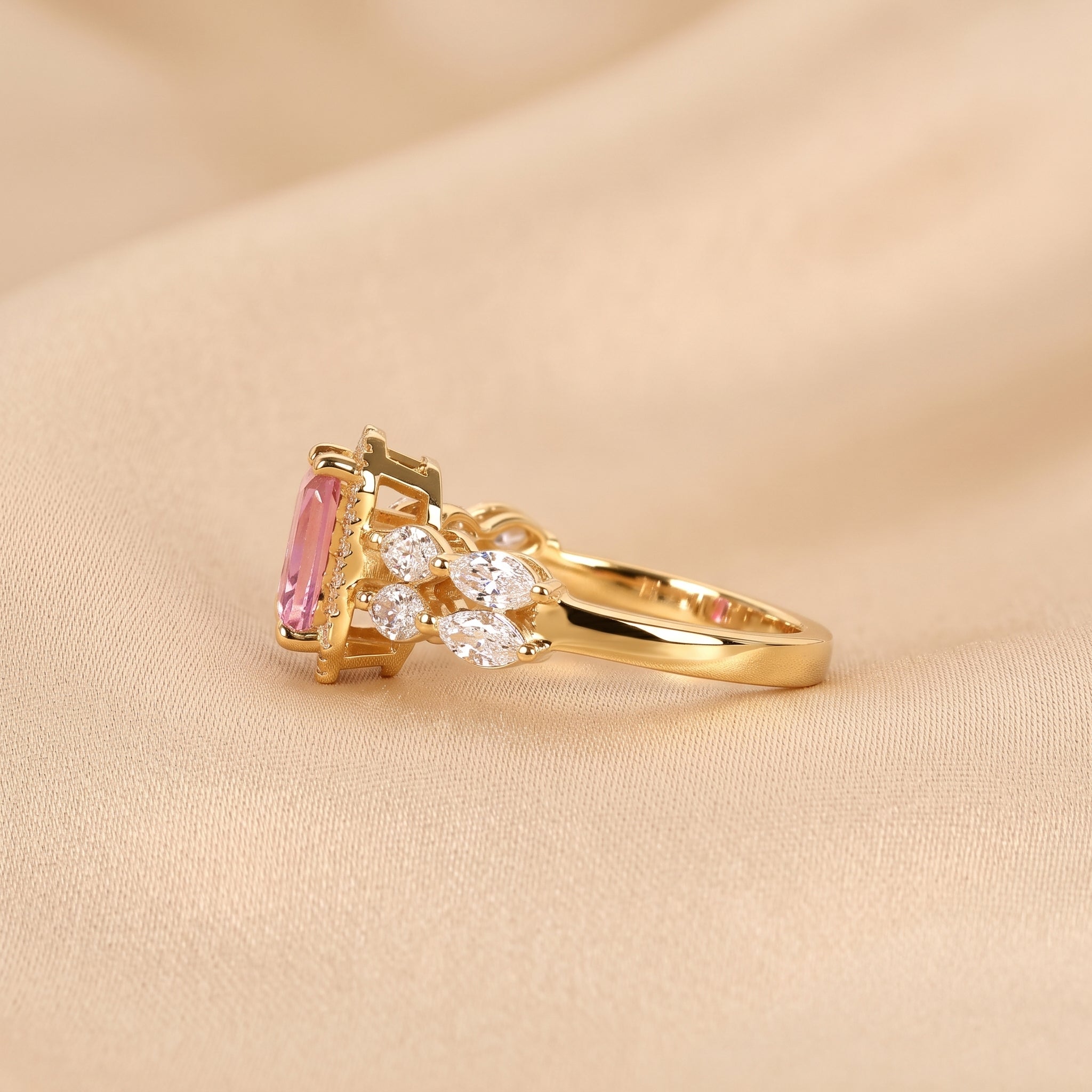 Pink Gemstone Emerald & Lab Grown Diamond Halo Engagement Ring in 10K Yellow Gold 3 CTW