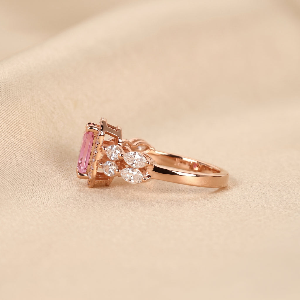 Pink Gemstone Emerald & Lab Grown Diamond Halo Engagement Ring in 14K Rose Gold 3 CTW