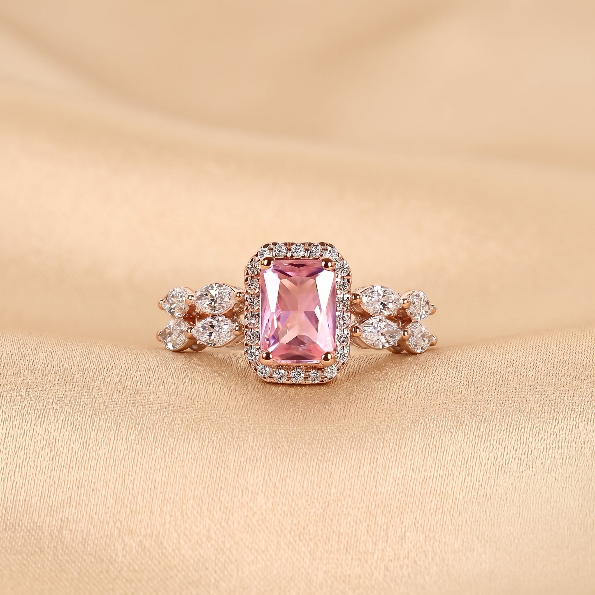 Pink Gemstone Emerald & Lab Grown Diamond Halo Engagement Ring in 14K Rose Gold 3 CTW