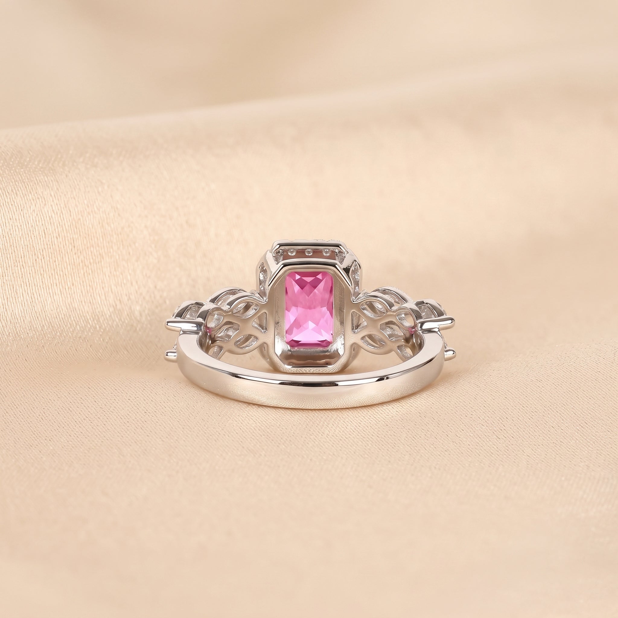 Pink Gemstone Emerald & Lab Grown Diamond Halo Engagement Ring in 14K White Gold 3 CTW
