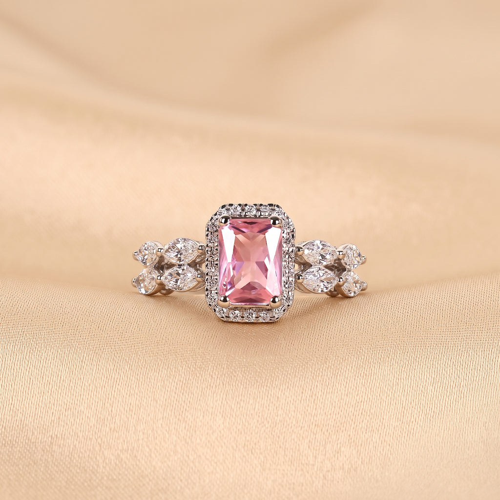 Pink Gemstone Emerald & Lab Grown Diamond Halo Engagement Ring in 14K White Gold 3 CTW