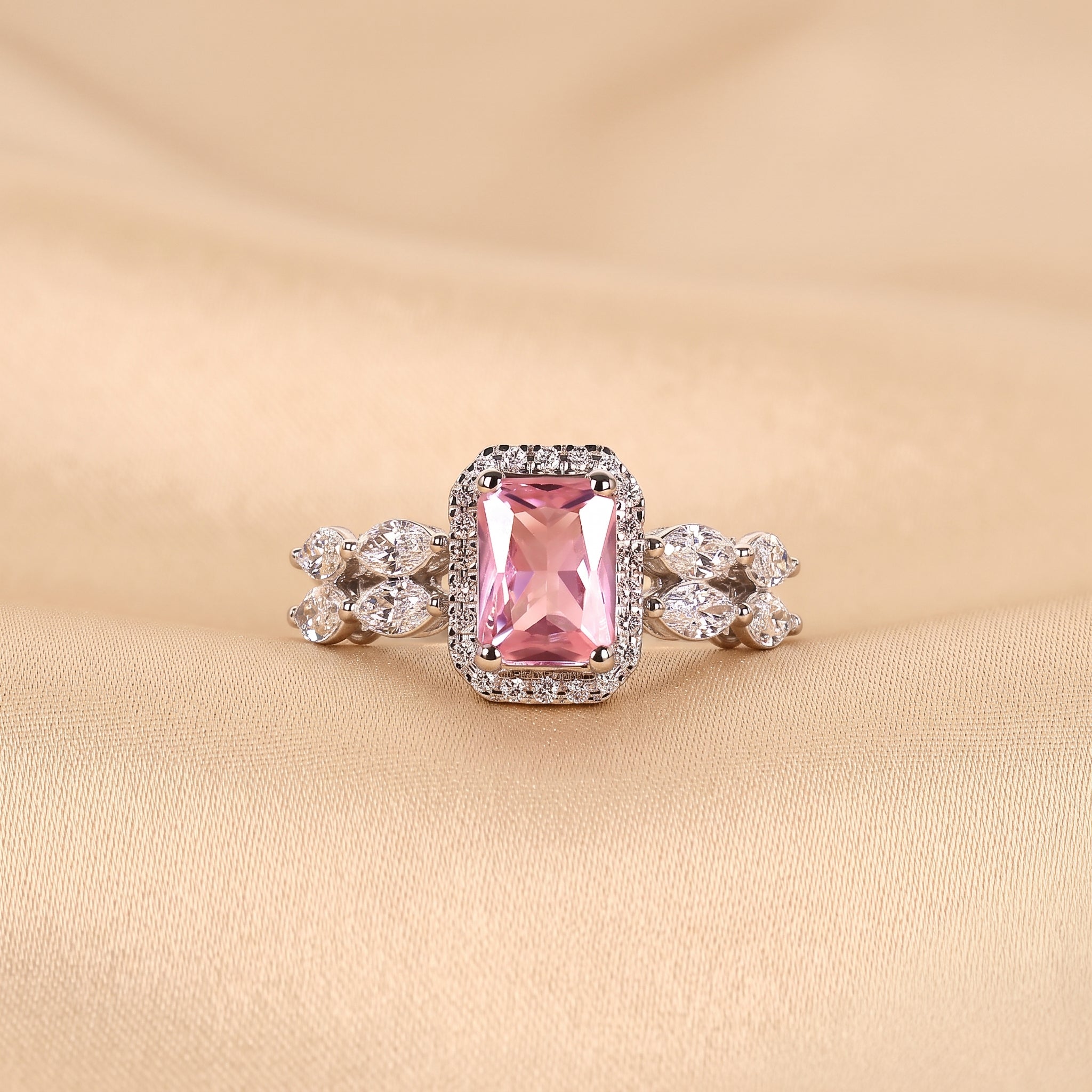 Pink Gemstone Emerald & Lab Grown Diamond Halo Engagement Ring in 14K White Gold 3 CTW