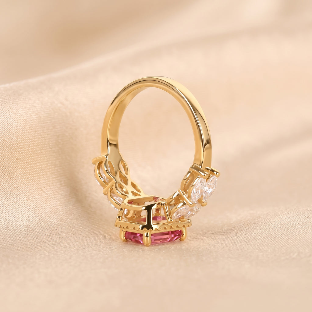 Pink Gemstone Emerald & Lab Grown Diamond Halo Engagement Ring in 14K Yellow Gold 3 CTW