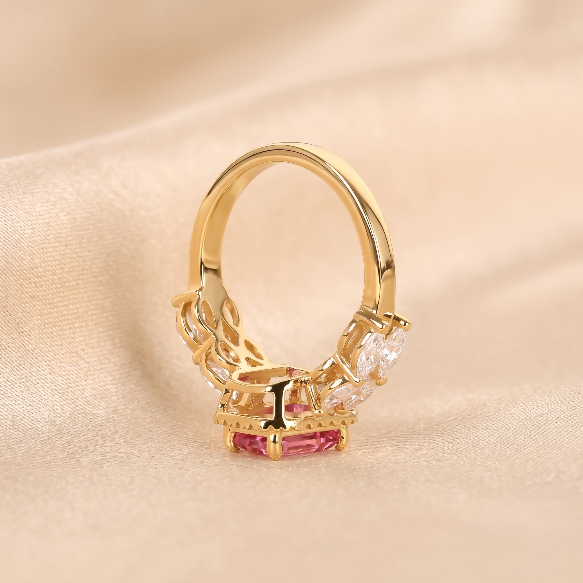 Pink Gemstone Emerald & Lab Grown Diamond Halo Engagement Ring in 14K Yellow Gold 3 CTW