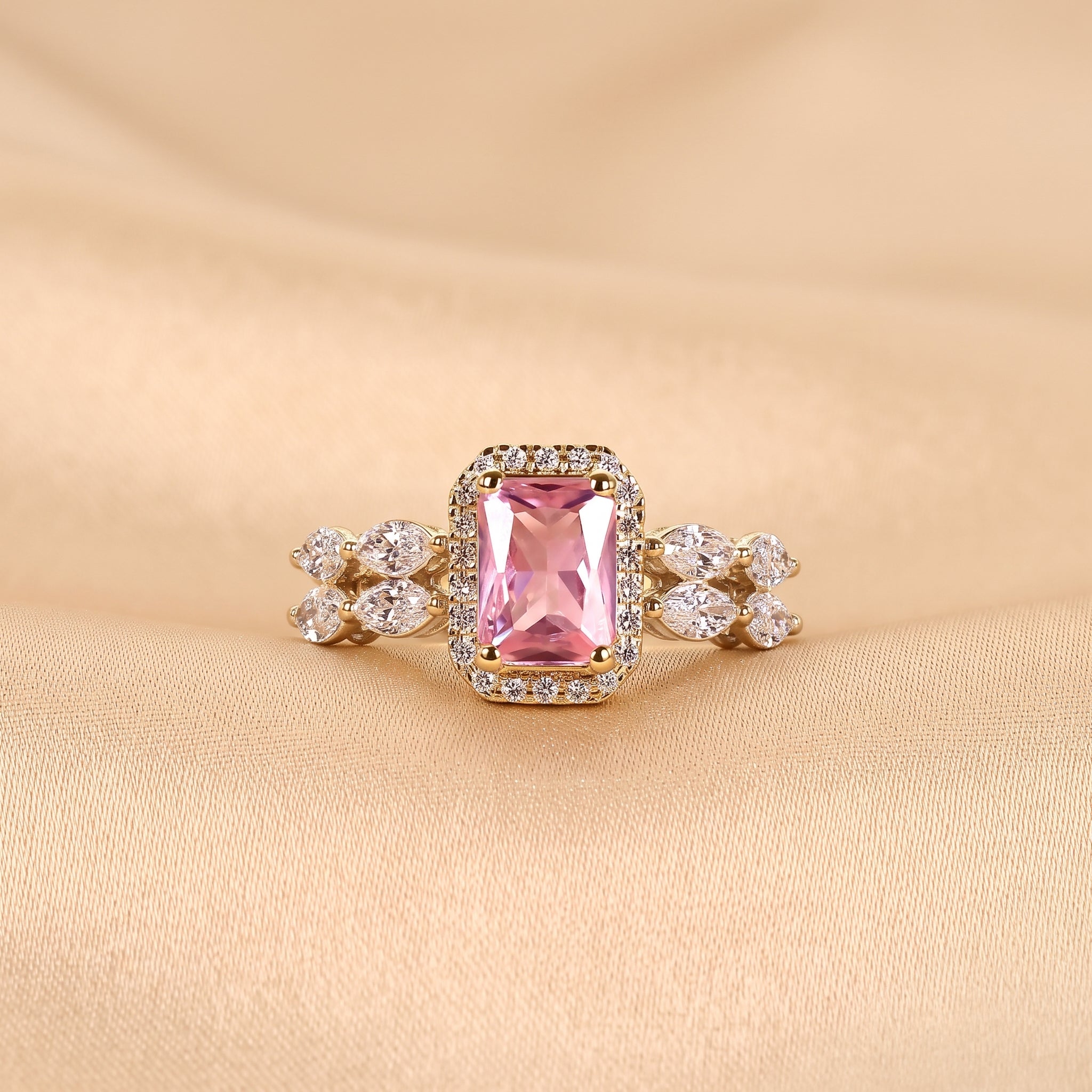Pink Gemstone Emerald & Lab Grown Diamond Halo Engagement Ring in 14K Yellow Gold 3 CTW
