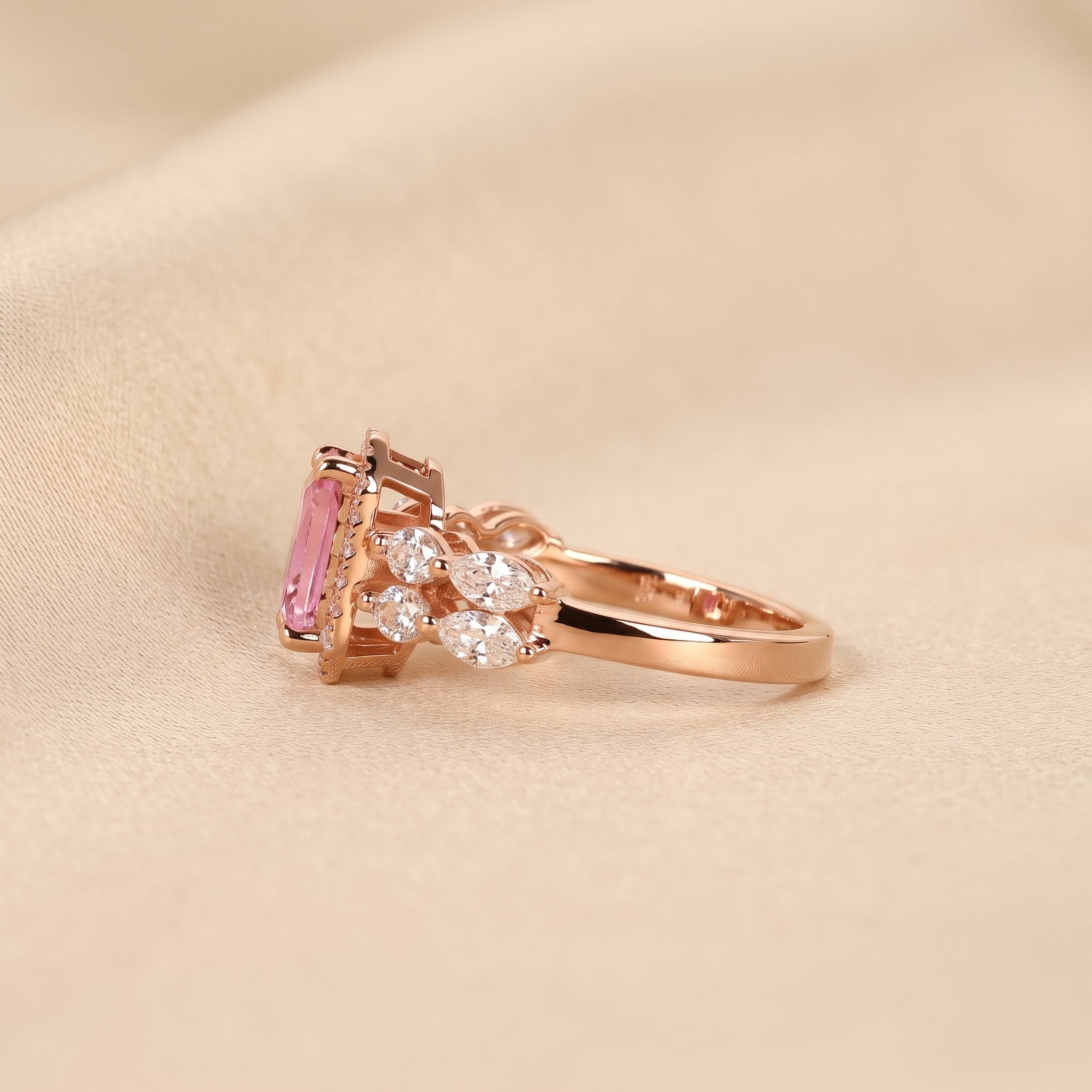 Pink Gemstone Emerald & Lab Grown Diamond Halo Engagement Ring in 18K Rose Gold 3 CTW
