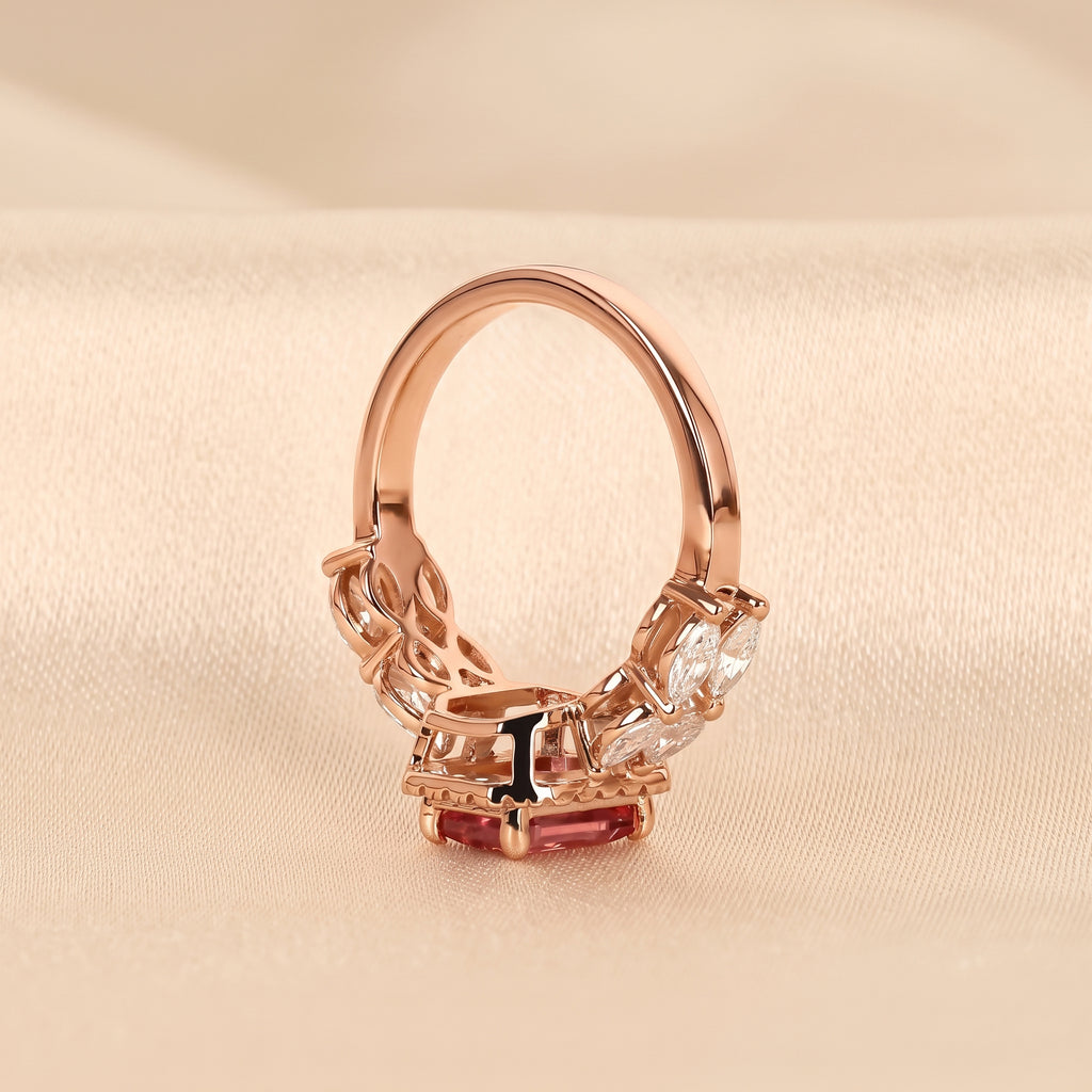 Pink Gemstone Emerald & Lab Grown Diamond Halo Engagement Ring in 18K Rose Gold 3 CTW