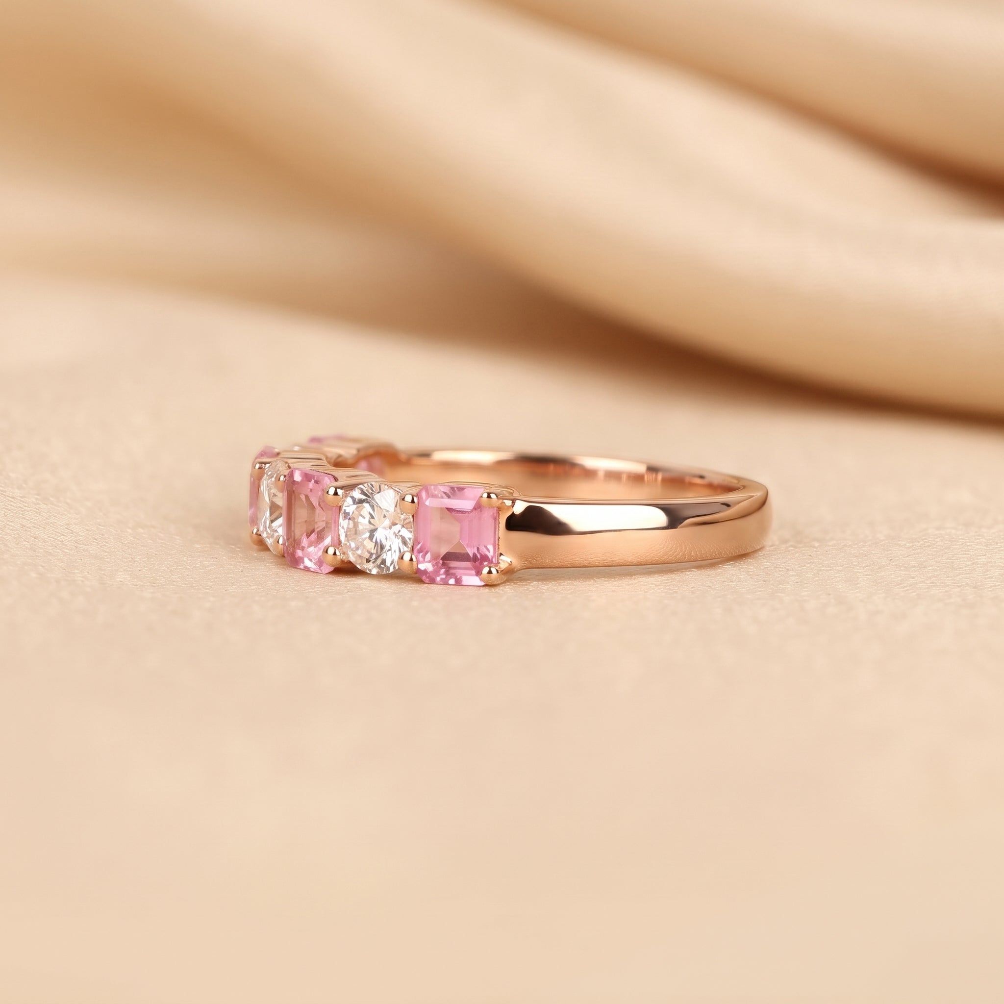 Pink Gemstone Emerald & Round Lab Grown Diamond Band in 10K Rose Gold 1 CTW