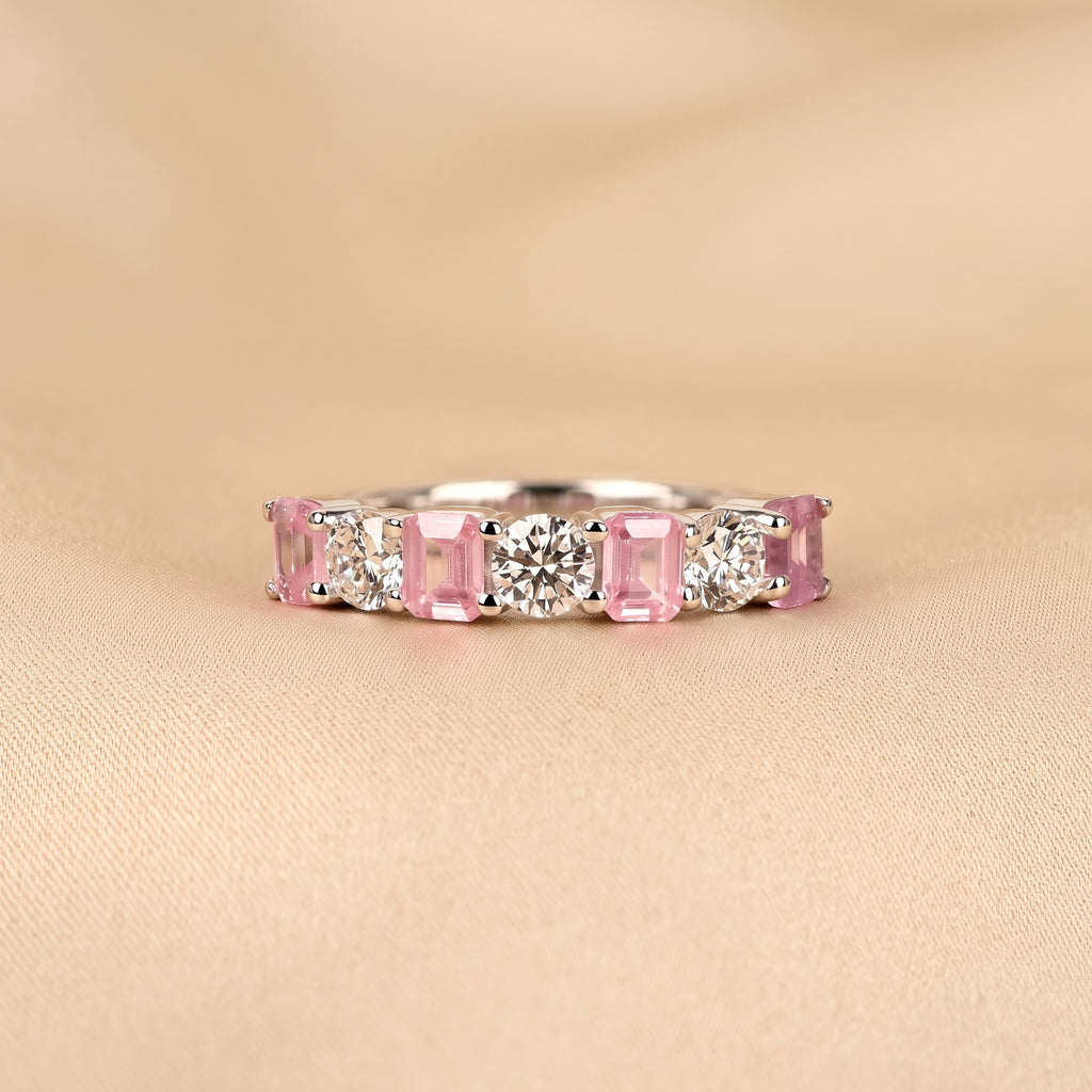 Pink Gemstone Emerald & Round Lab Grown Diamond Band in 10K White Gold 1 CTW