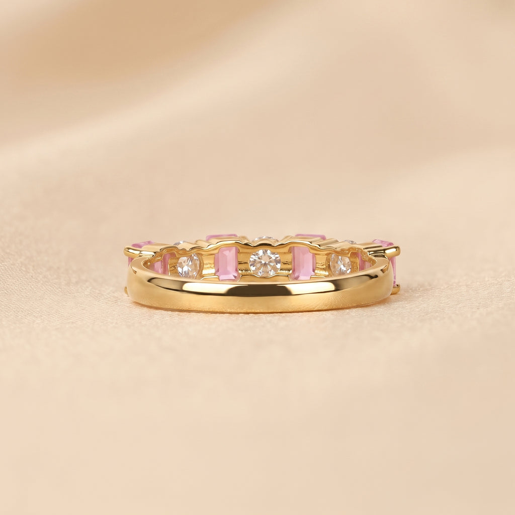 Pink Gemstone Emerald & Round Lab Grown Diamond Band in 10K Yellow Gold 1 CTW