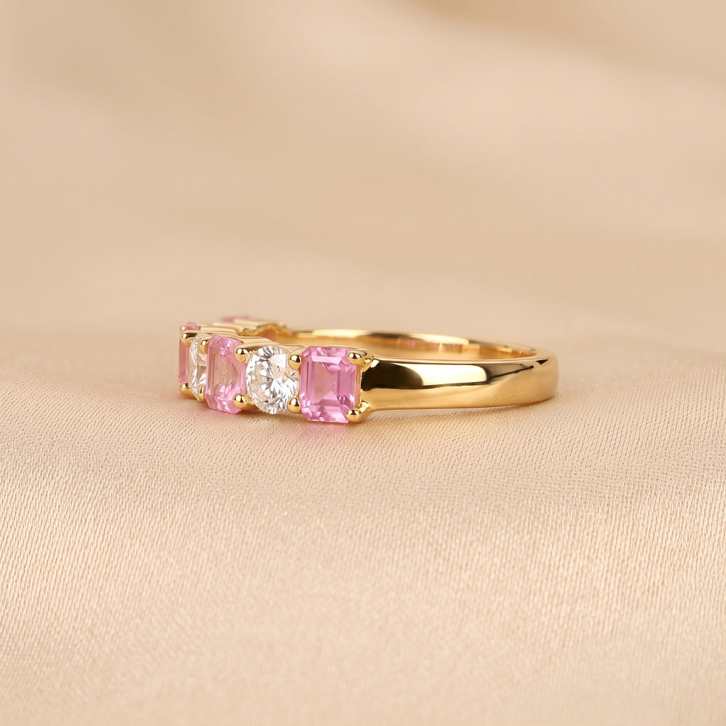 Pink Gemstone Emerald & Round Lab Grown Diamond Band in 10K Yellow Gold 1 CTW