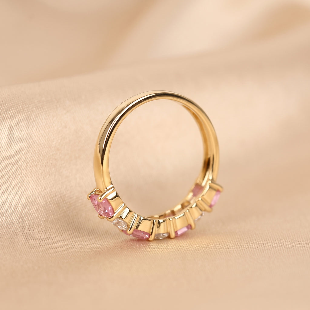 Pink Gemstone Emerald & Round Lab Grown Diamond Band in 10K Yellow Gold 1 CTW