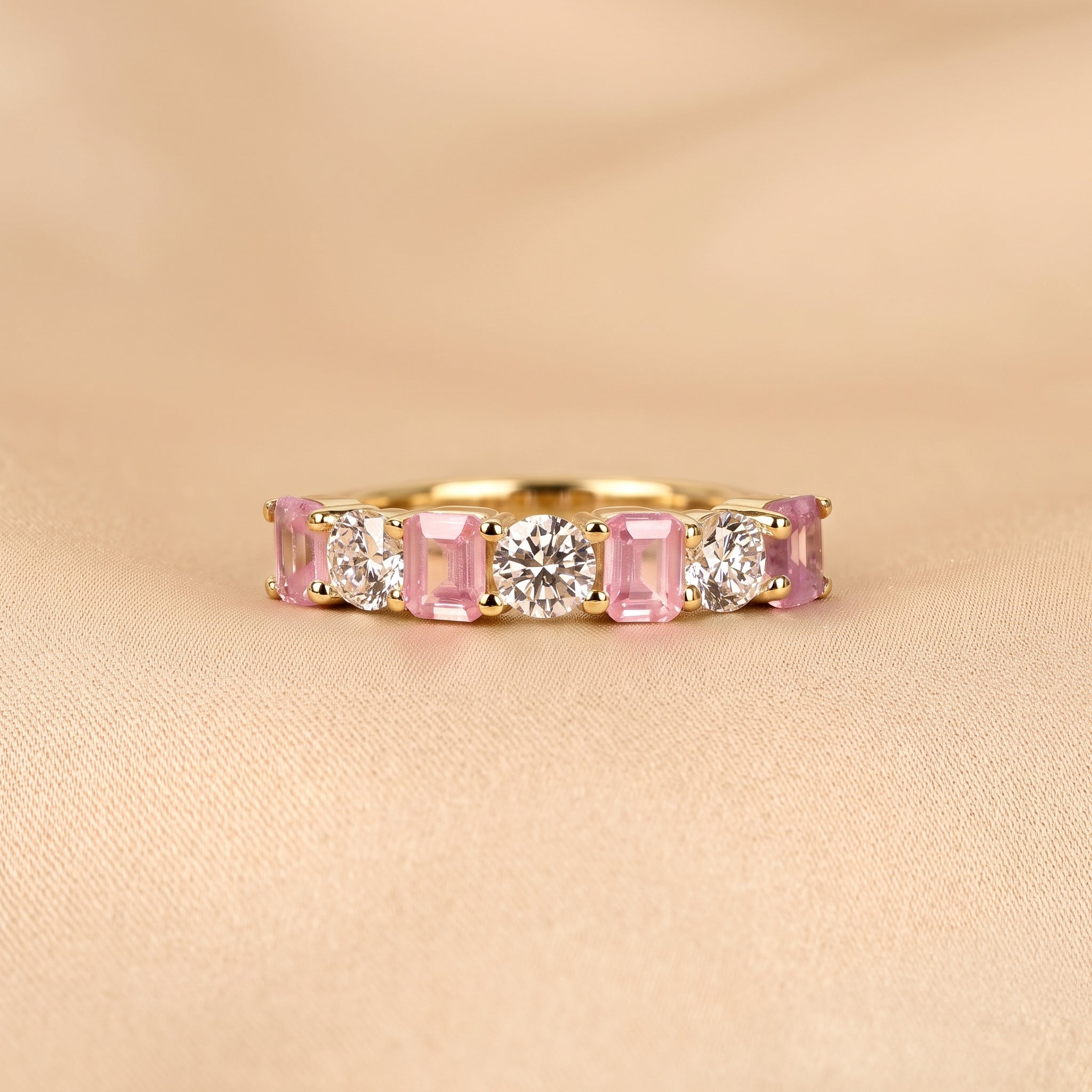 Pink Gemstone Emerald & Round Lab Grown Diamond Band in 10K Yellow Gold 1 CTW