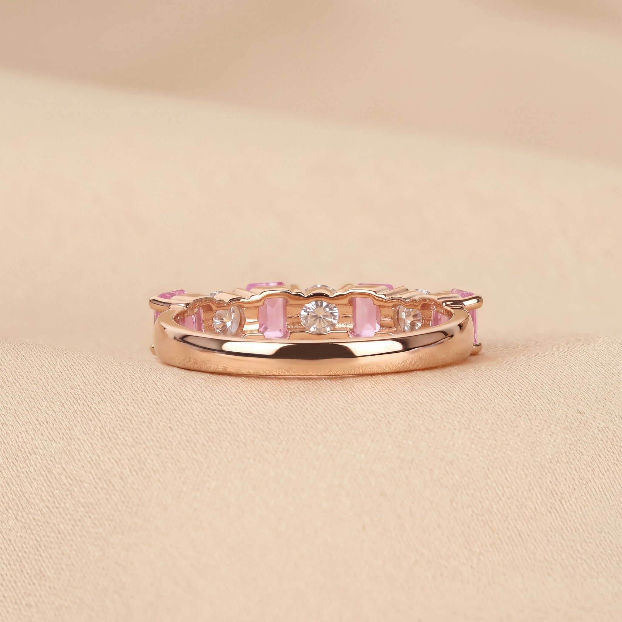 Pink Gemstone Emerald & Round Lab Grown Diamond Band in 14K Rose Gold 1 CTW